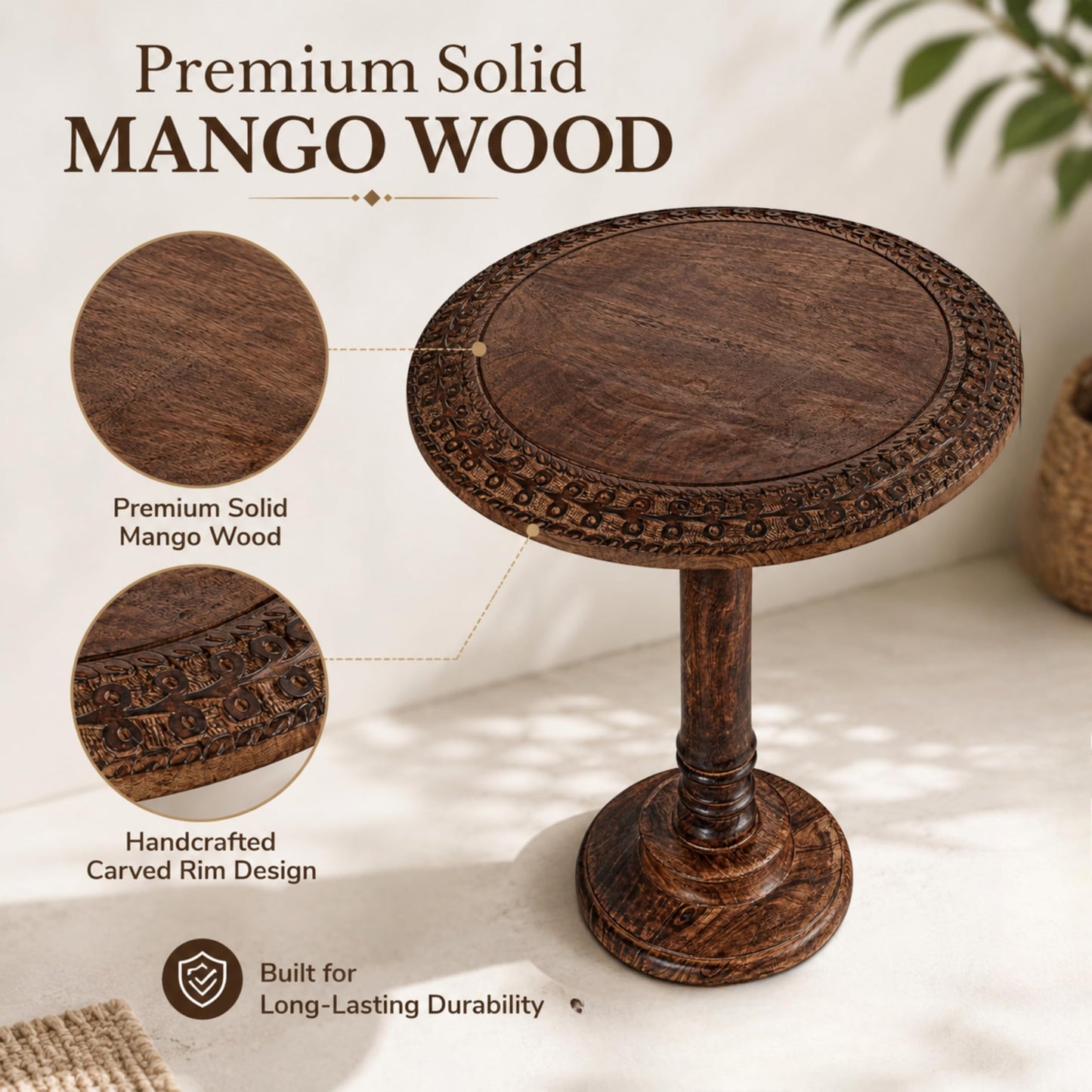 Farmhouse Side Tables for Living Room, Solid Wood End Tables Living Room, Small Round End Table, Rustic Coffee Table Accent, Wooden Side Table for Bedroom & Sofa Side, Burnt Finish