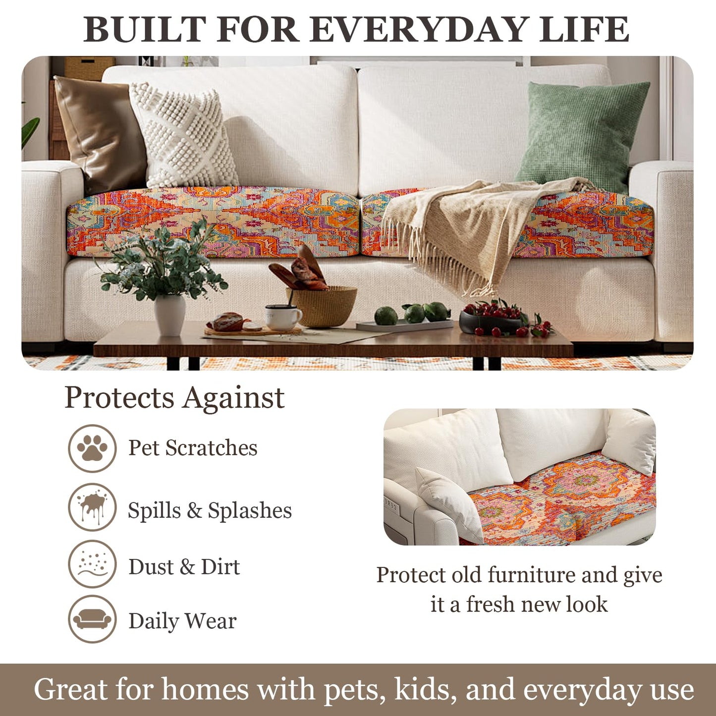 ZSYTZL Boho Printed Couch Cushion Covers, Waterproof Stretch Outdoor Cushion Covers, Patio Sofa Covers with Elastic Bottom-1 Piece, Orange