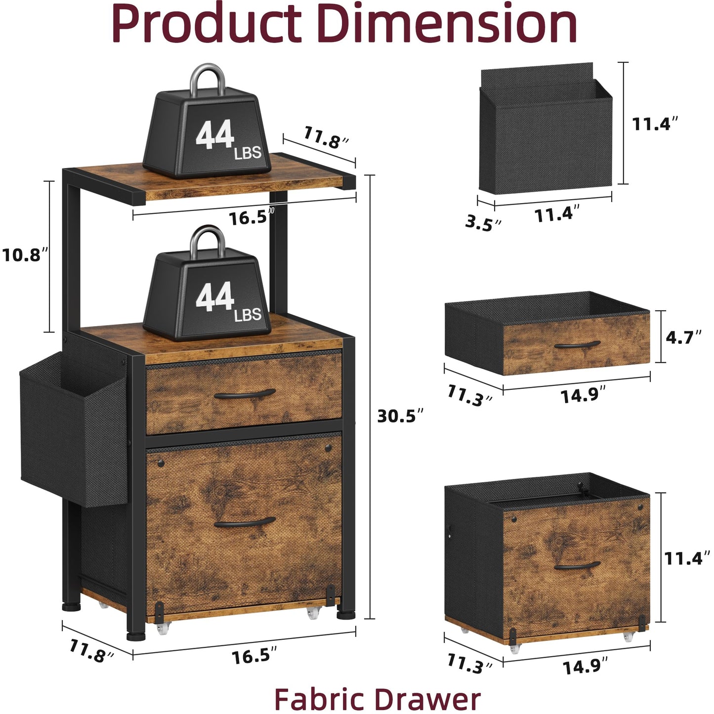 HIGDBFE File Cabinet with 2-Tier Shelf, Letter Size Drawer Filing Cabinet with Reversible Side Bag, Vertical Office Cabinet Printer Stand with Storage for Home Office, Rustic Brown, 16.5" W