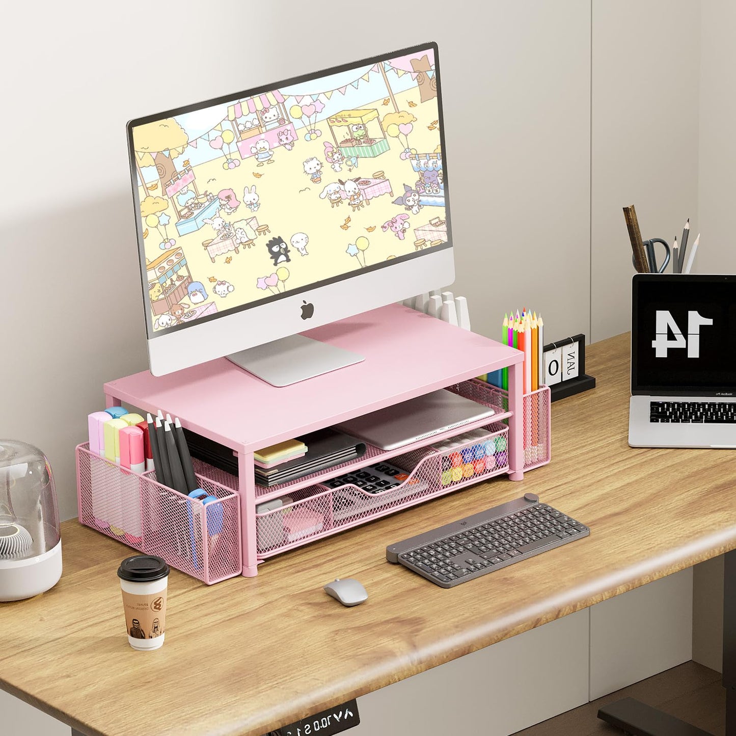 OPNICE Desk Organizers and Accessories, 2-Tier Computer Monitor Stand Riser with Drawer and 2 Pen Holders, Laptop Stand, Office Desk Accessories & Office Decor for Women, Pink