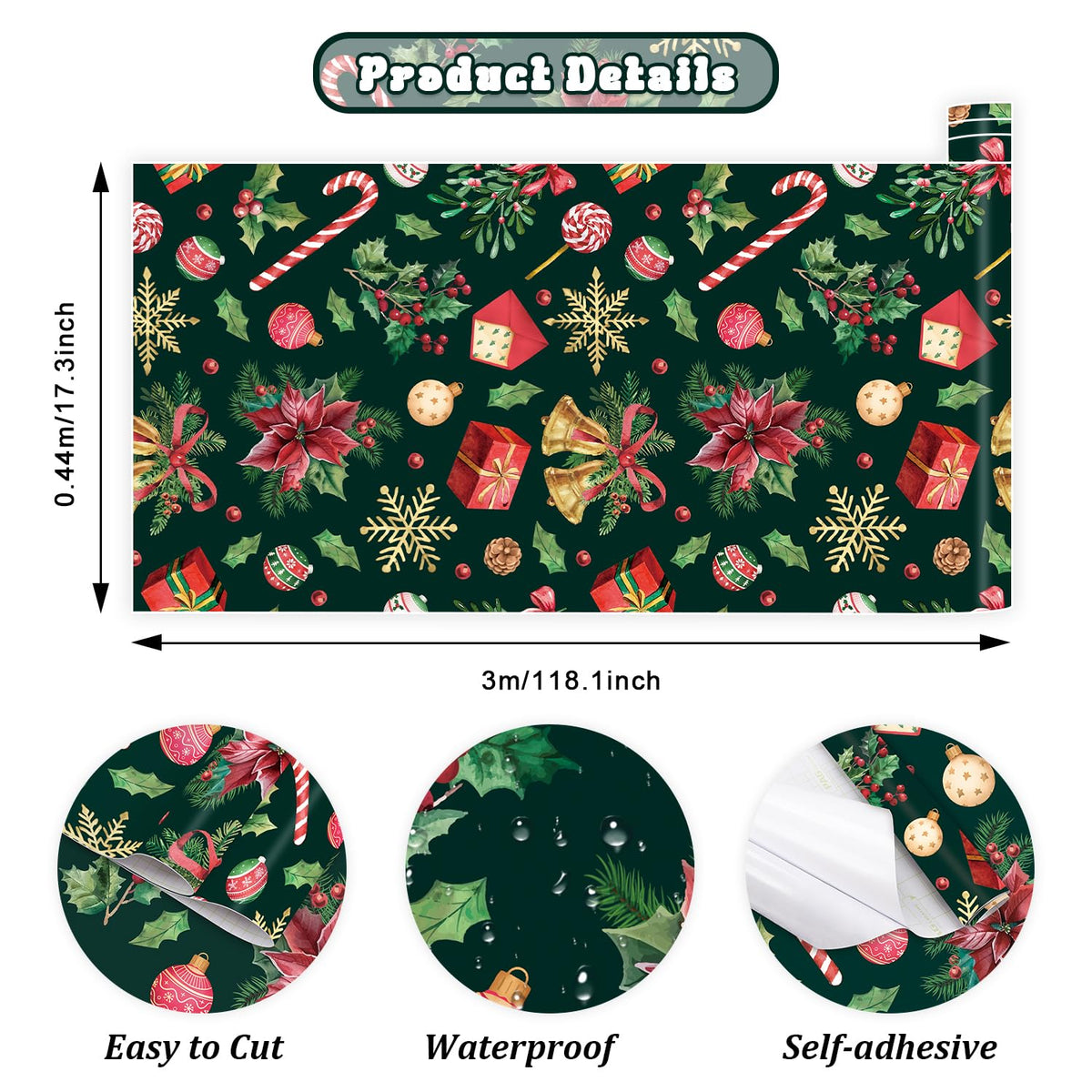 IARTTOP Merry Christmas Wallpaper Peel and Stick Xmas Holiday Poinsettia Contact Paper for Wall Cabinets Christmas Ornament Wallpaper Self-Adhesive for Winter Party Bedroom Holiday Decor(17.3"X118.1")