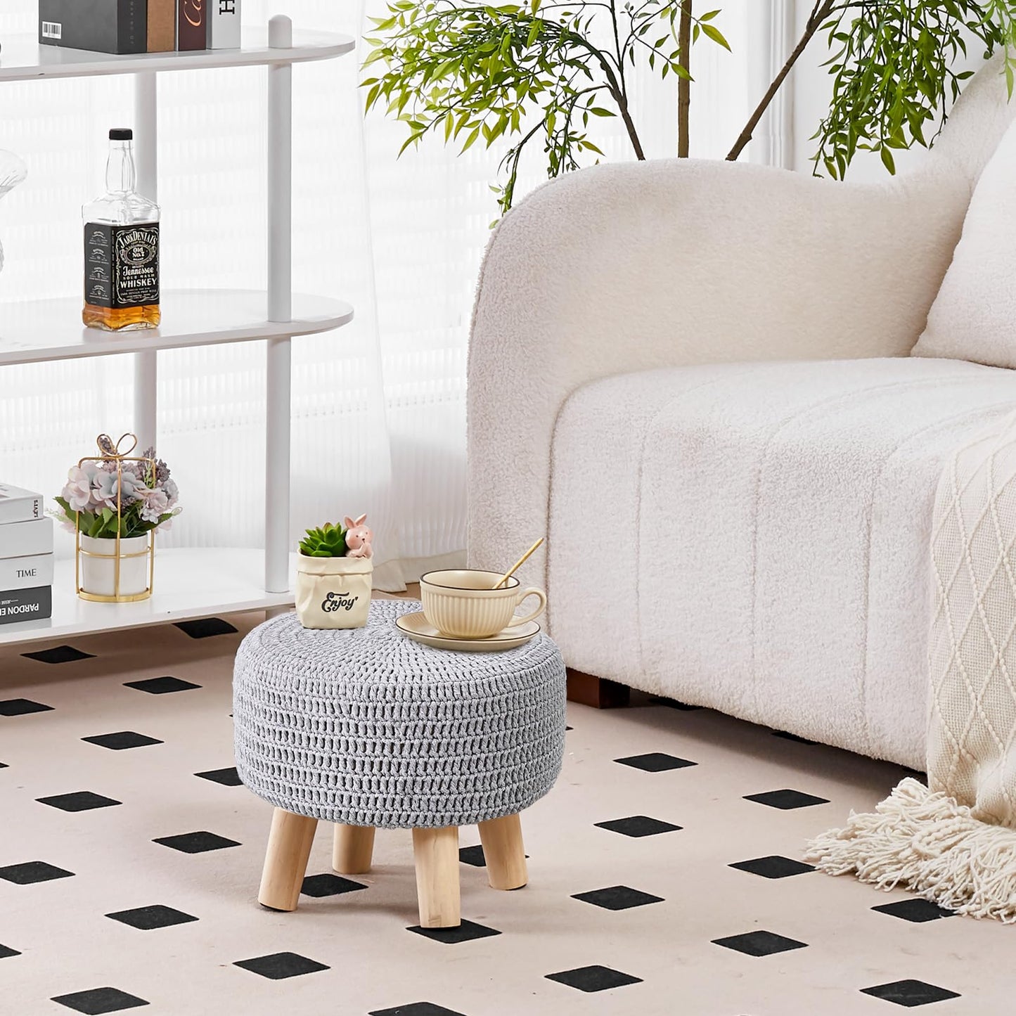 Wimarsbon Small Ottomans, 100% Hand Knitted Pouf Ottoman, Round Footrest with 4 Non-Skid Wood Legs, Boho Décor Cotton Rope Pouffe Beside Sofa, Leisure Floor Step Chair for Living Room (Grey)