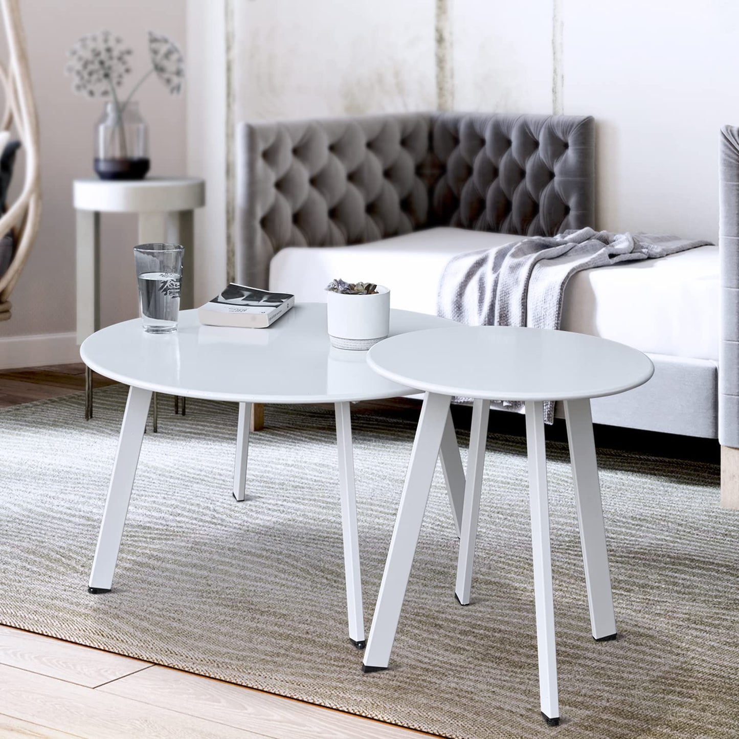 juserox Patio Outdoor Coffee Table Set of 2 - Weather Resistant Outdoor Round End Table Modern Coffee Tables for Living Room Balcony Home Office (White)