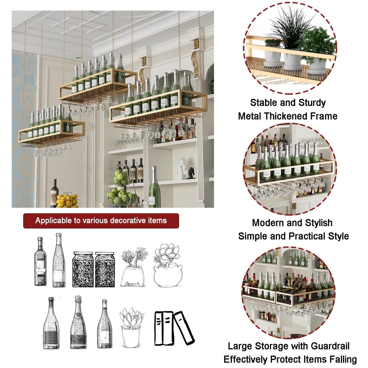 Vintage Metal Hanging Wine Glass Rack with Floating Wine Bottle Holder Wall Mounted Storage Shelves for Bar Restaurant Cafe Stylish Metal Stand 60x25x20cm