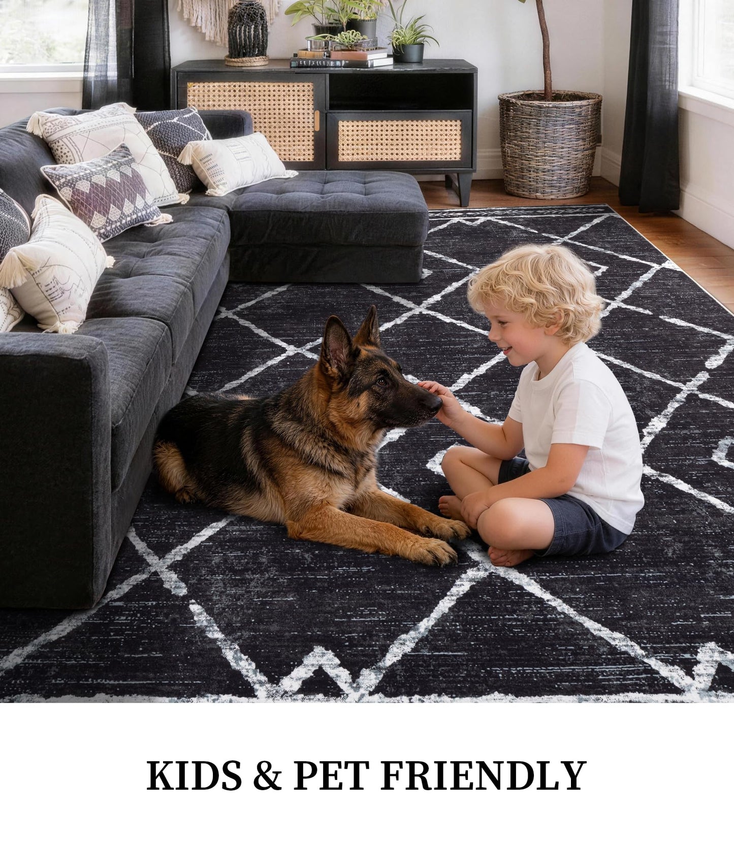 YIHOUSE Moroccan Rugs for Living Room, 6x9 Black and White Aztec Area Rug, Western Geometric Soft Low-Pile Washable Rugs for Bedroom, Dining Room