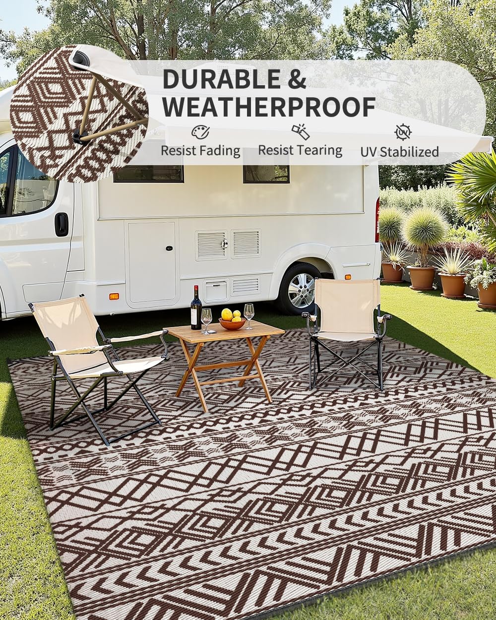MontVoo Outdoor Rug Carpet Waterproof 5x8 Outdoor Patio Rug Mat Reverisble Plastic Straw Outdoor Rug for RV Camping Picnic Beach Balcony Boho Beige Brown