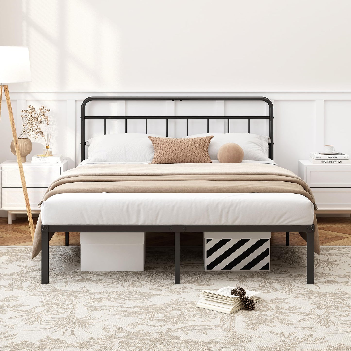 Kujielan 12 inches Queen Size Bed Frame with Minimalist headboard,Metal Platform Base with Strong Metal Slats,Mattress Foundation for Under Bed Storage,Easy Assembly,Black