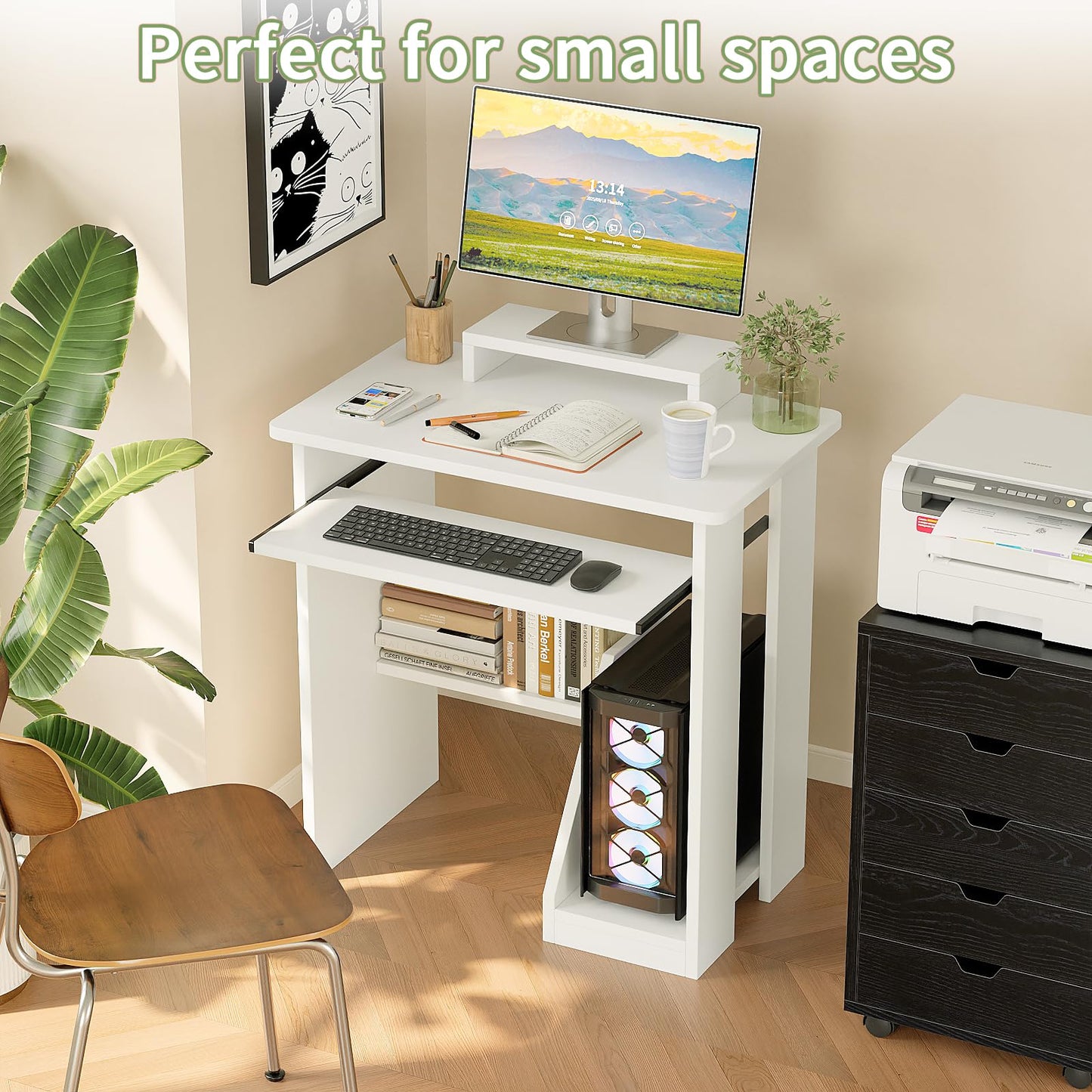 ALISENED Computer Desk, 30 Inch Compact Desk with Keyboard Tray & Monitor Stand for Space-Saving, Ergonomic Study Desk with Storage Shelves for Writing, Gaming, Working, White