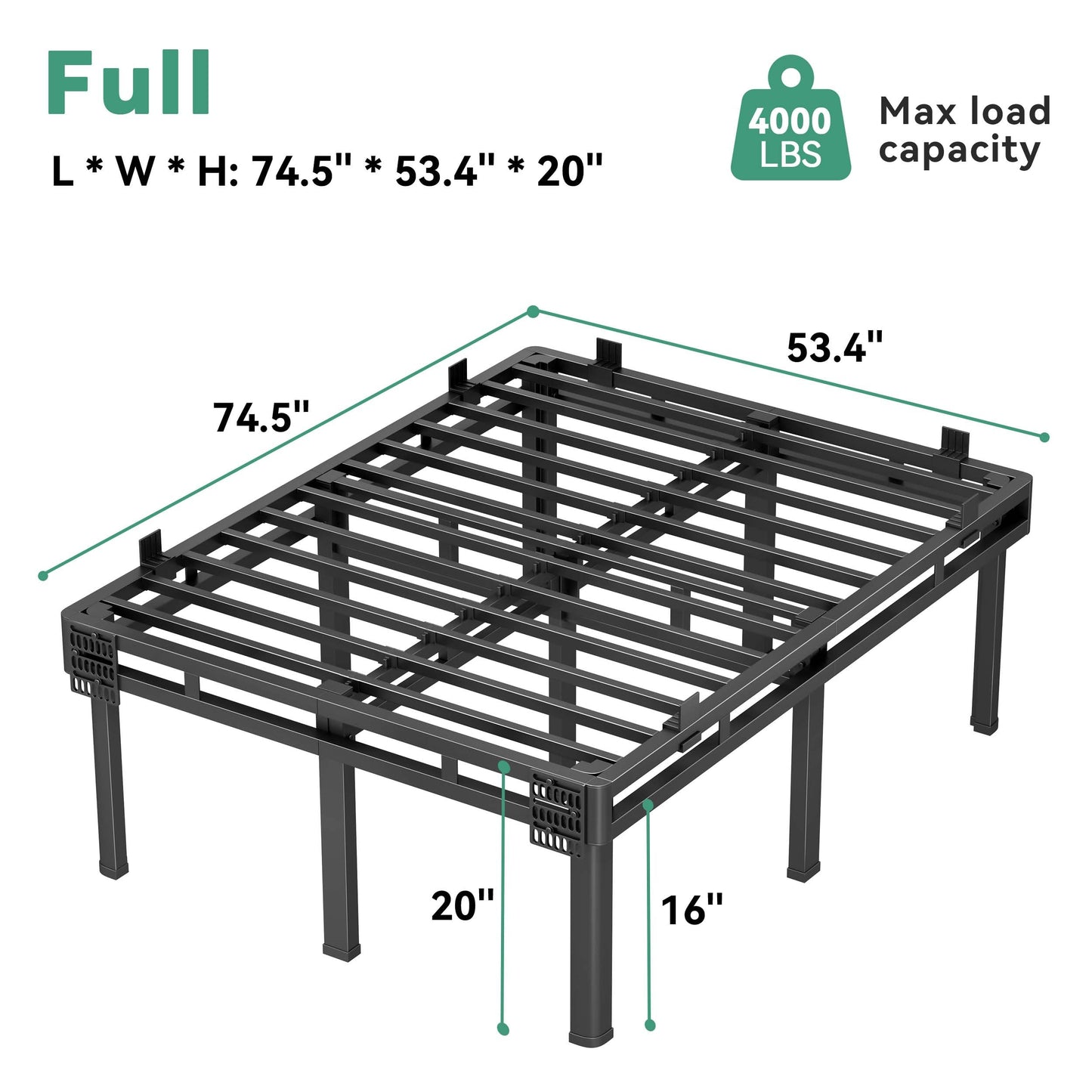 Superay Full Bed Frame, 20 inch Metal Bed Frame & Box Spring 2 in 1 Platform with Rounded Legs, Double Layer Bed Frame with Matress Gasket & headboard Adapter, Support Up to 4000lbs