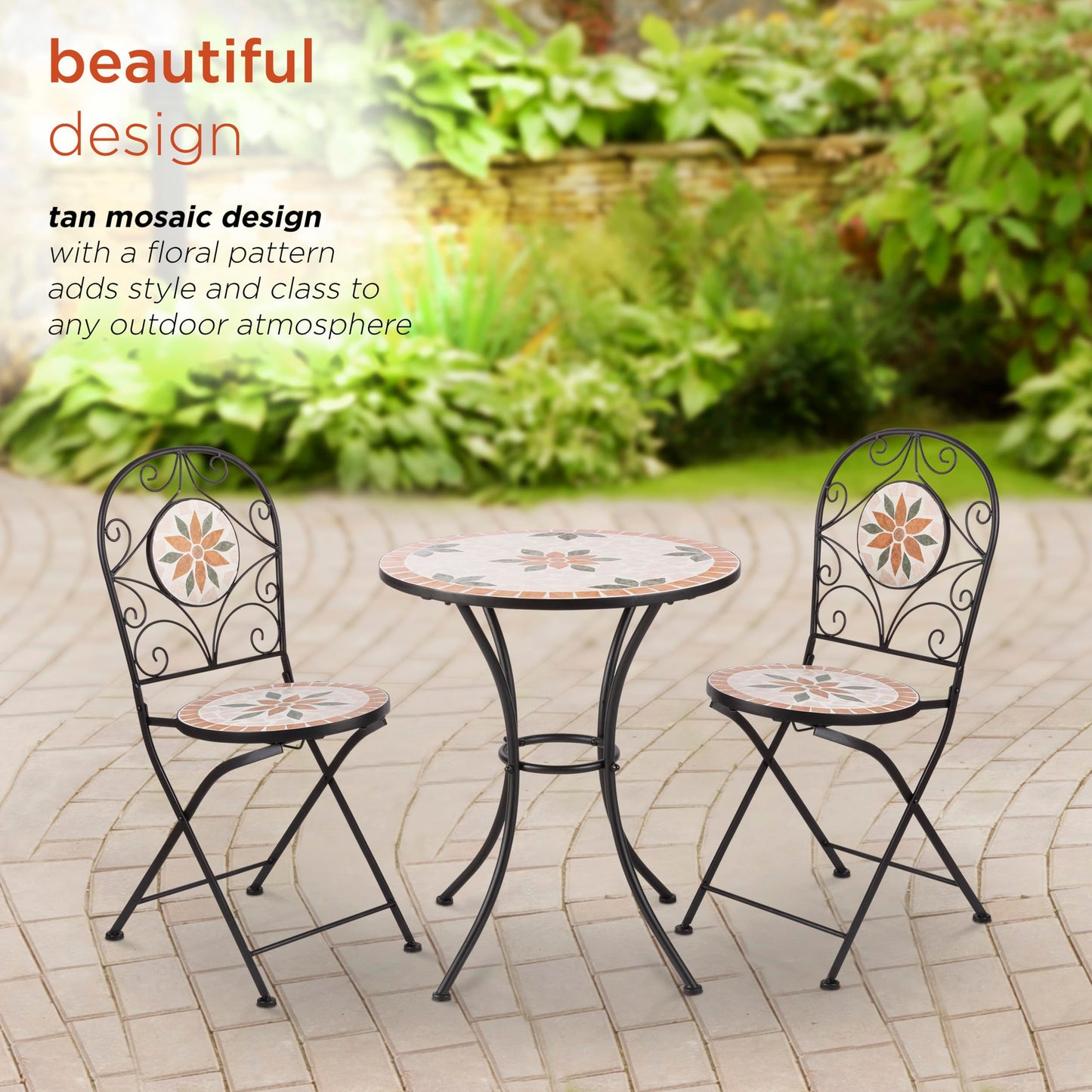 Alpine Corporation Indoor/Outdoor 3-Piece Mosaic Bistro Set Folding Table and Chairs Patio Seating, Tan