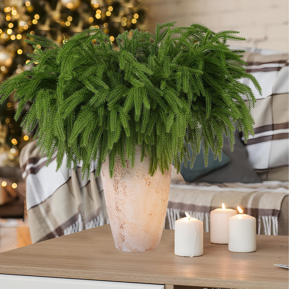 Rowfad 12 Pcs Artificial Norfolk Pine Branches, Norfolk Pine Artificial Pine Stems DIY Crafts Faux Christmas Greenary Norfolk Pine Branches for Xmas Wreath Garland Home Decor (12)
