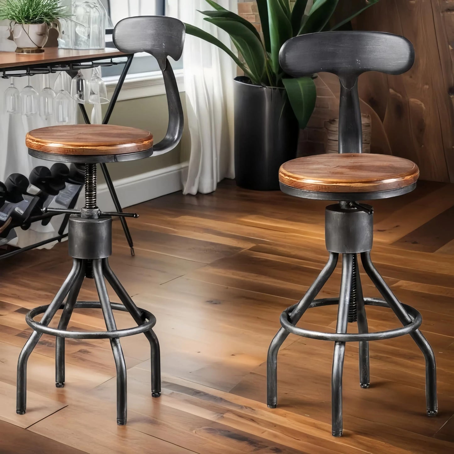 LOKKHAN Set of 2 Rustic Industrial Bar Stool-24-30 Adjustable Metal Swivel Wooden Top Barstools-Counter Height Extra Tall Bar Height-Vintage Farmhouse Kitchen Breakfast Cafe Stool-with Backrest
