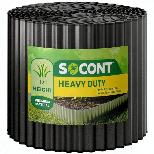 SOCONT Corrugated Metal Garden Edging, 12"×50Ft Durable Landscape Border for Garden, Lawn, Flower Beds and Paver Edging (Black)