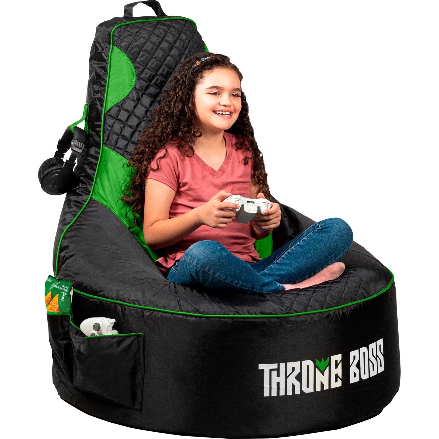 Throne Boss Gaming Bean Bag Chair Cover for Kids with High Back, Green – Gamer chair for kids with 2 x Large Side Pockets, Headphone Hanger, Easy to Clean Fabric, requires 200 Liters Polystyrene Beans