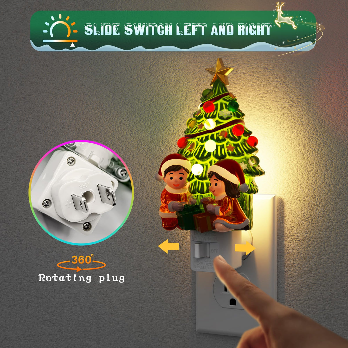 JandCase Christmas Tree & Santa Claus Night Light, 3000K Night Lights Plug into Wall,Cute & Funny Ceramics Christmas Night Light for Kids, 360° Rotatable for Home Party Decor,1 Pack