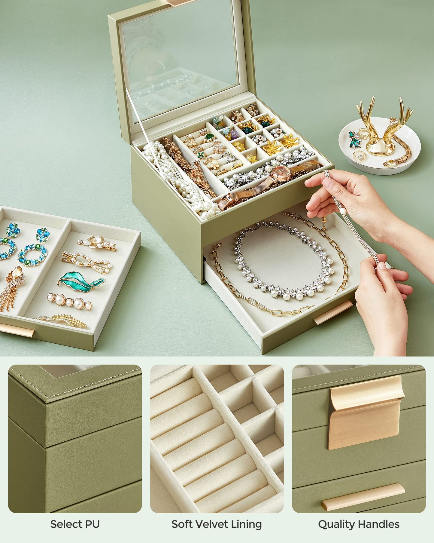 SONGMICS GISELLA Collection - Jewelry Box Organizer, 3-Layer Jewelry Storage with 2 Drawers, Shiny Metal Hardware, Glass Lid, Modern, 8 x 9.1 x 5.3 Inches, Avocado Green and Gold Color UJBC239C02
