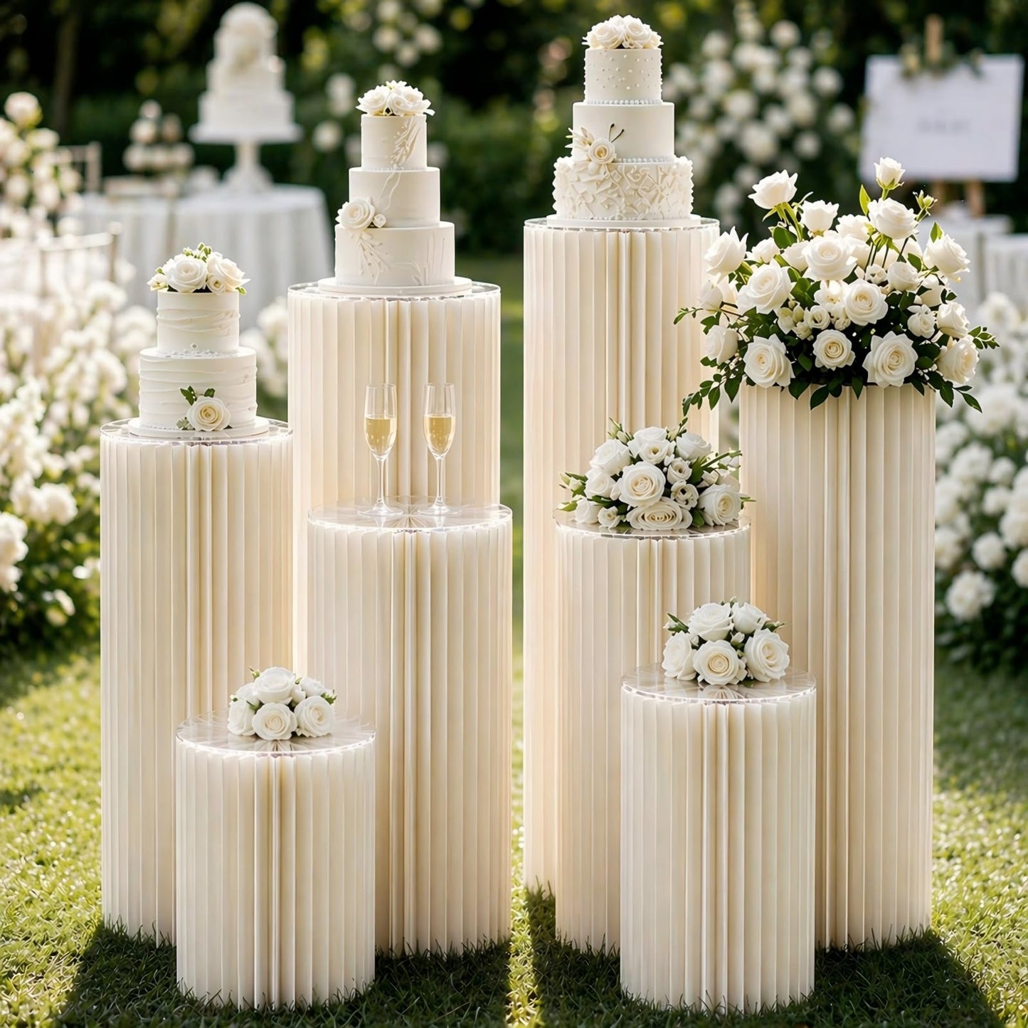 GUYARO Cylinder Stands for Party 5Pcs Round Pedestal Stand Foldable Cardboard Columns Cylinder Tables for Parties Baby Shower Birthday Wedding Pillars Display Decoration (White,5PCS)