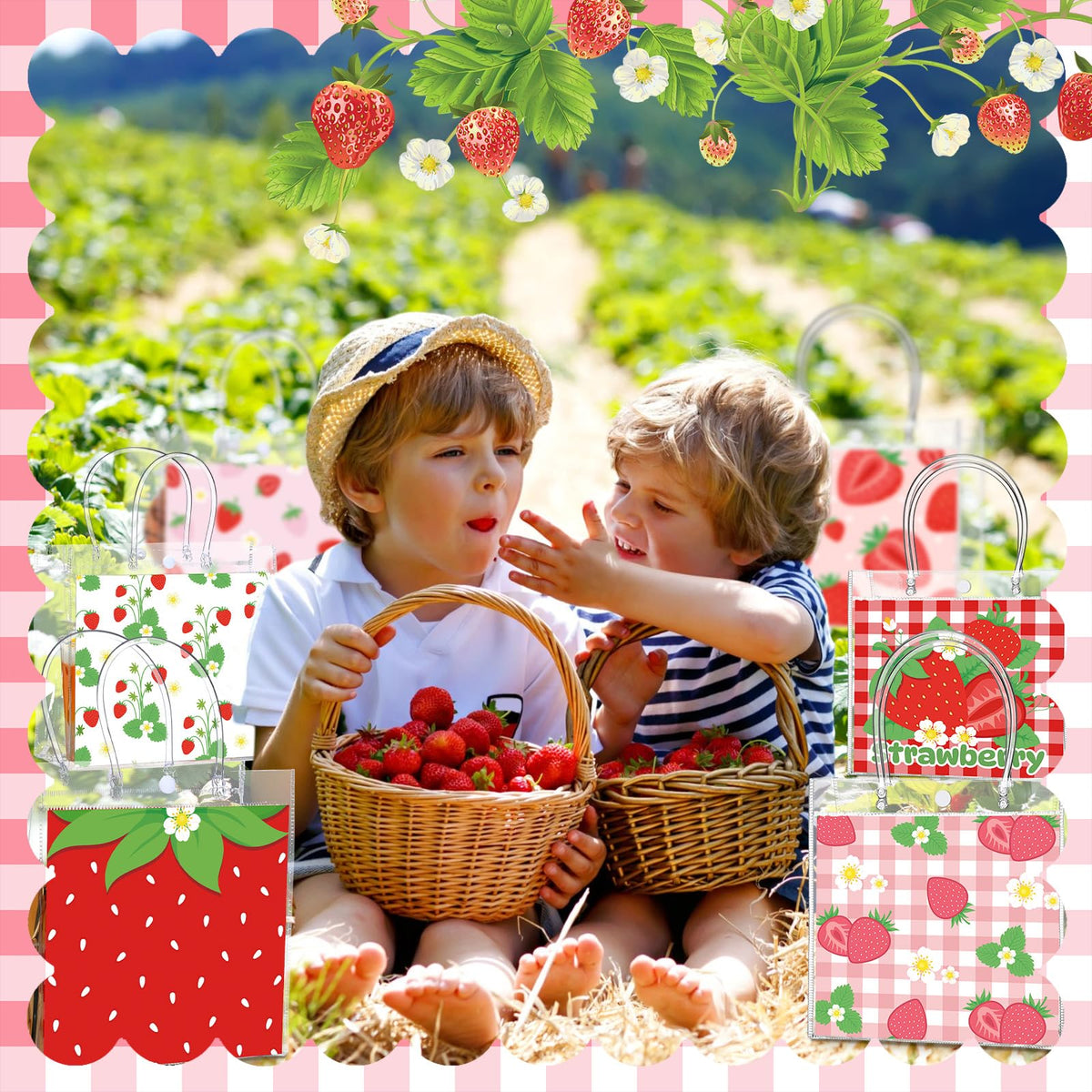 Teenyyou 24 Pcs Strawberry Party Favor Bags Clear PVC Goodie Treat Tote Gift Bags with Handles Strawberry Theme Birthday Party Supplies