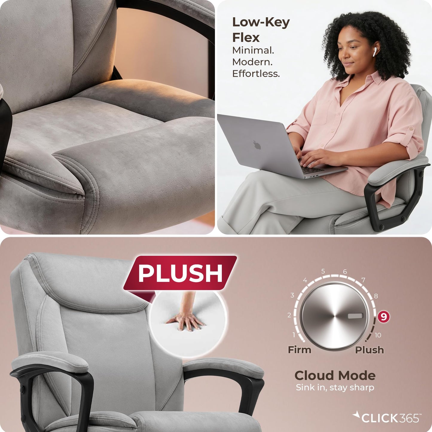 Click365 Transform 1.0 Ergonomic Office Chair, Mid Back Desk Chair with Padded Arms, Lumbar Support, Adjustable Height, Tilt Recline, Swivel Computer Chair, Fabric, Light Grey