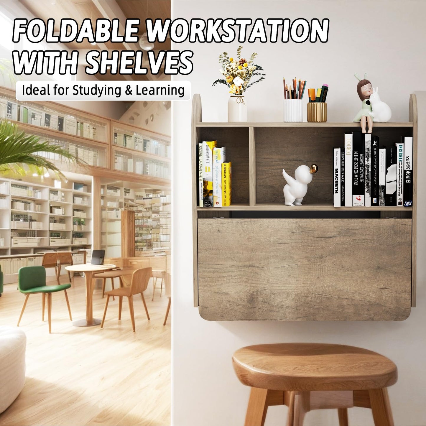 TuckTect Wall Mounted Drop-Leaf Table, Floating Laptop Desk, Folding Table with Shelves, Multifunctional Computer Workstation with Storage Compartments in Home Office for Space Saving (Rustic Oak)