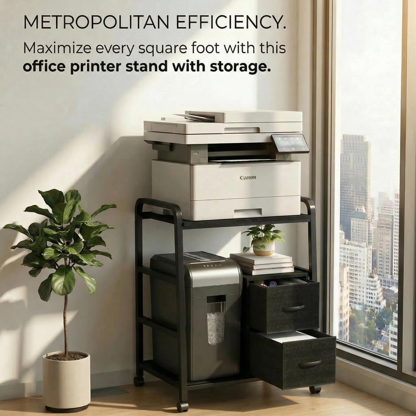 ZEXVIDA Printer Stand Featuring Fabric Drawers, Under Desk Host Computer Cabinet and Shredder Shelf, Heavy Duty Printer Stand with Storage Workstation Organization Printer Table for Home Office