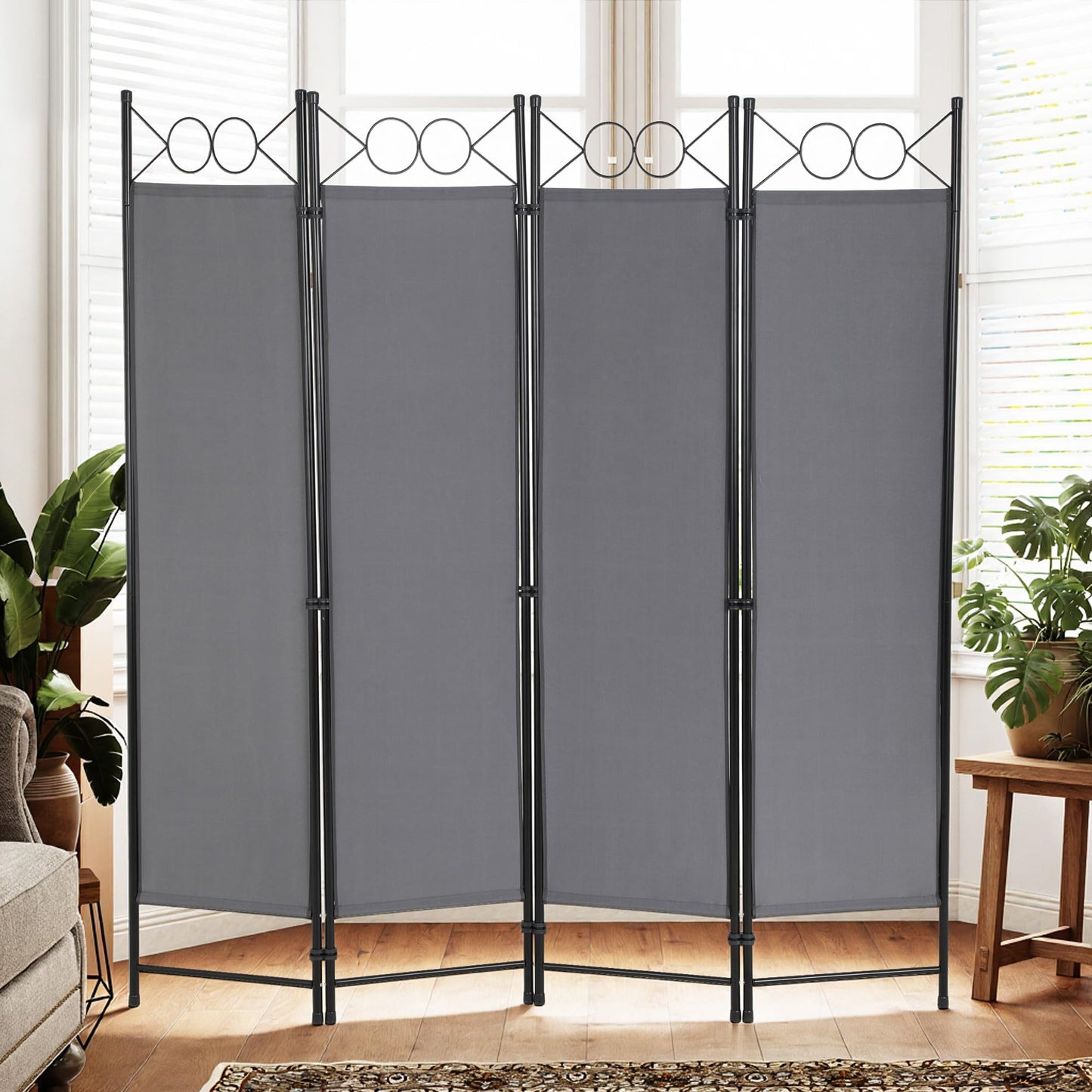 4 Panel Room Divider 6FT Steel Frame Screen Folding Privacy Divider Freestanding Partition for Home Office Bedroom,Light Grey
