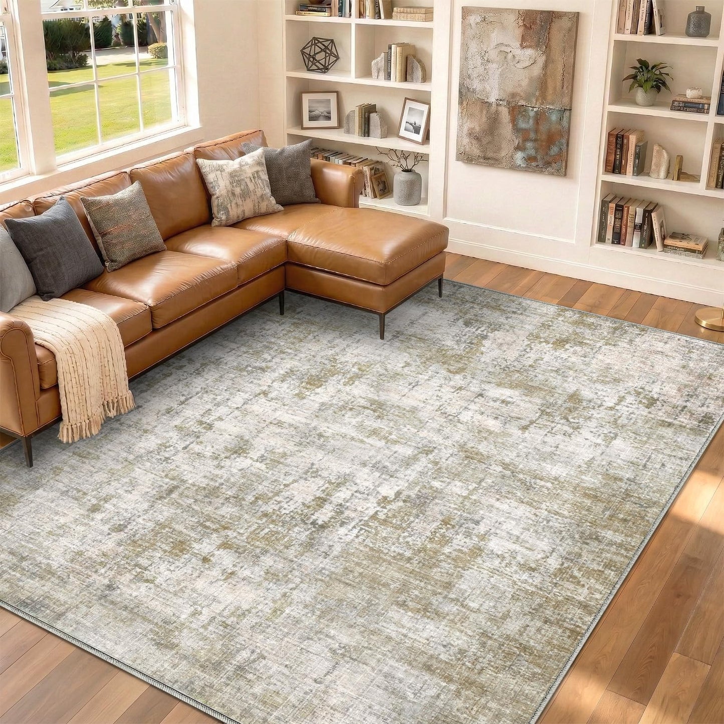 Syrlfar 8x10 Area Rugs Washable Living Room Rug-No Slip Soft Carpets Modern Abstract Indoor Floor Stain Resistant Large Carpet for Bedroom Dining Room Farmhouse Nursery Home Office Tan