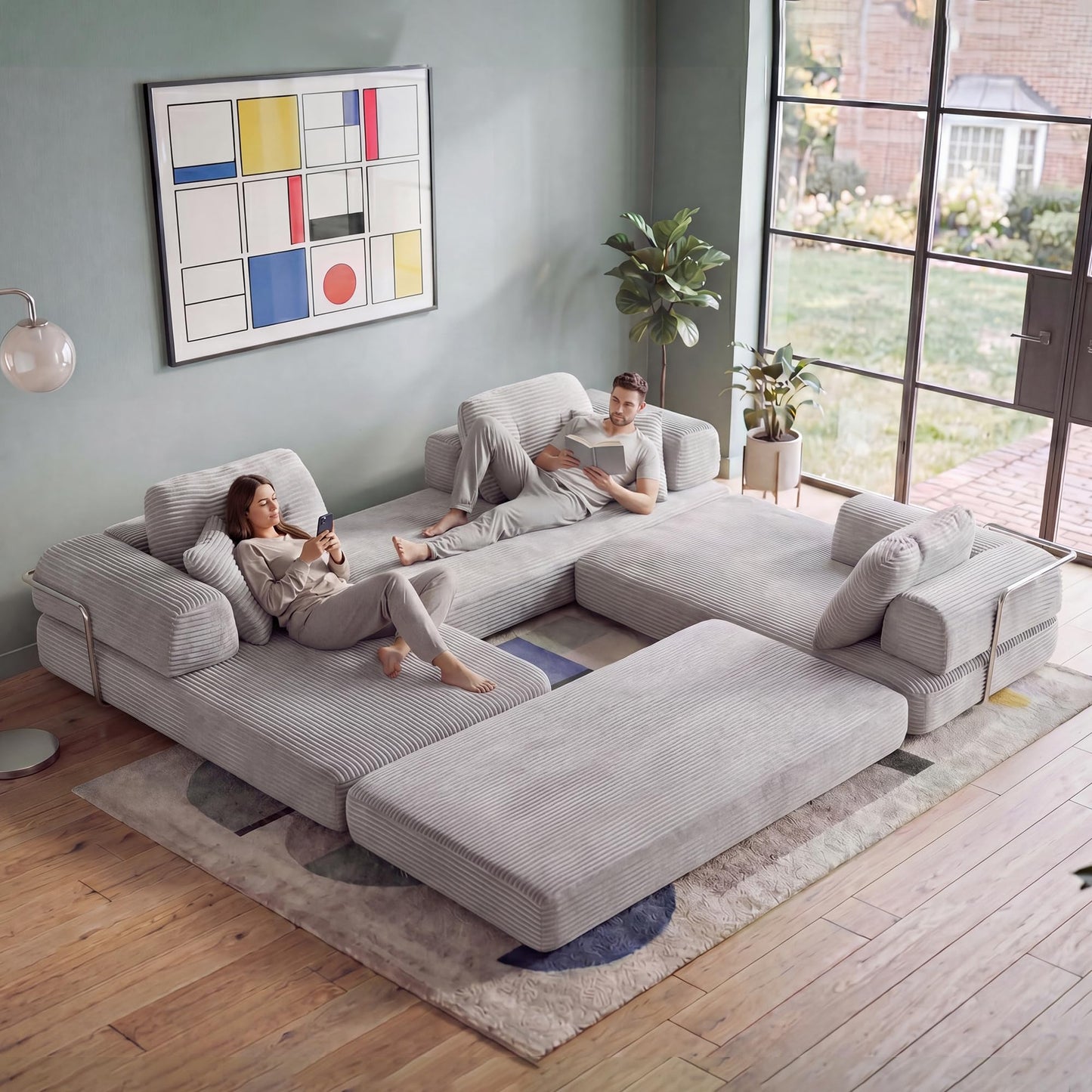 YasuSoofa Boneless Sectional Couch with Chaise, Convertible L-Shape Floor Sleeper with High Headrest, Modular Sofa Bed for Living Room Apartment, No Assembly, Beige