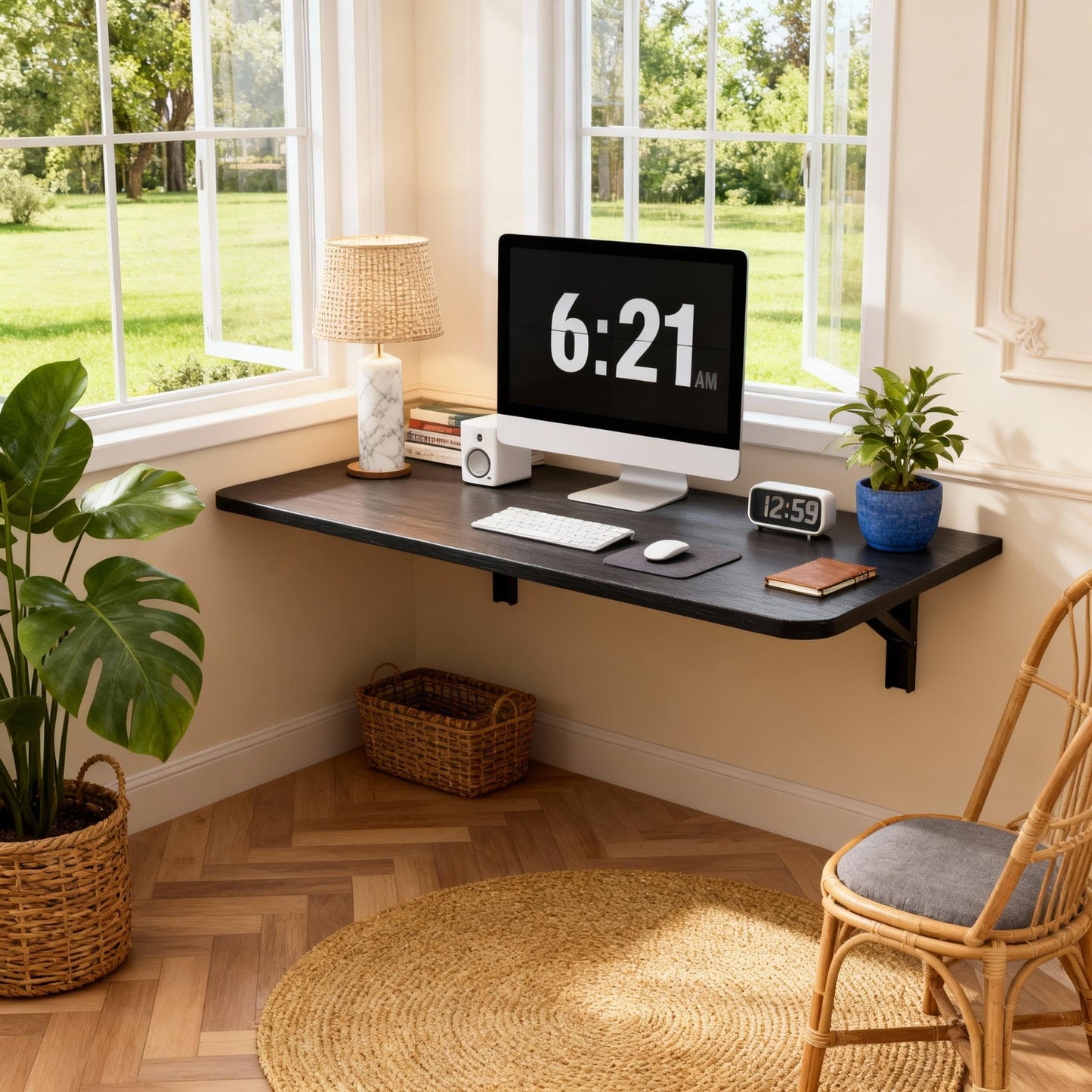 IAE Wall Mounted Floating Foldable Desk, 36" x 22" Folding Computer Workstation Table with Engineered Wood and Metal Shelf Brackets,Fold&Floating Design for Home Office, Apartment,Laundry Room,Black