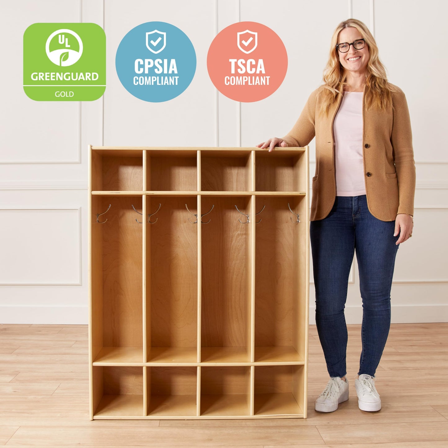 ECR4Kids Streamline 4-Section Coat Locker with Cubby Storage, Classroom Furniture, Natural