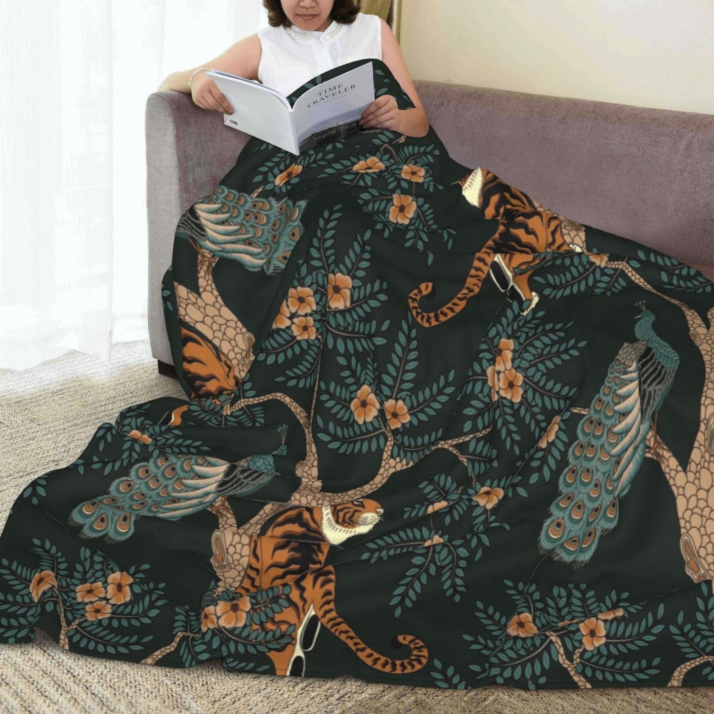 Tiger and Peacock Throw Blanket 50"X40" Lightweight Flannel Throws Blankets for Couch Bed Sofa Living Room Bedroom Home Decor,Soft Cozy Fluffy Fuzzy Plush Blanket for All Season