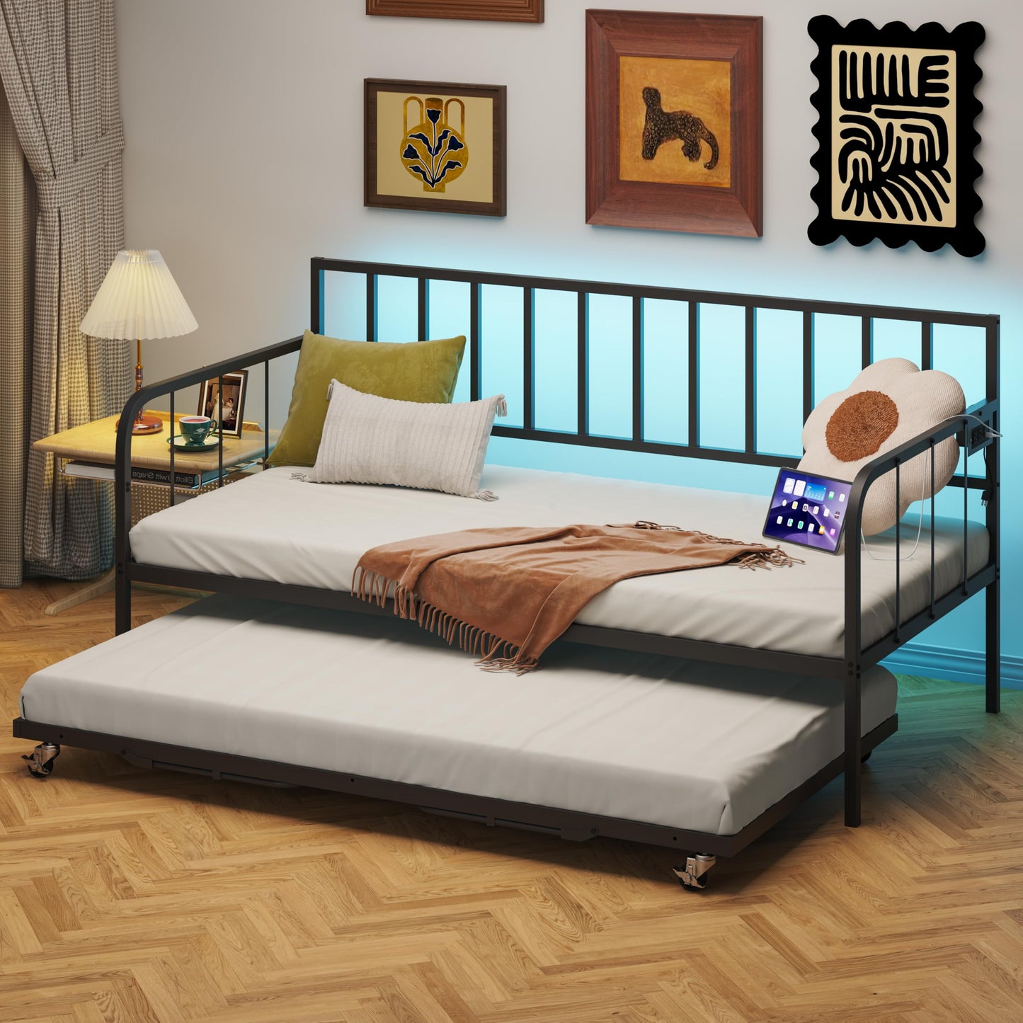 JOJOZOO Daybed with Trundle, Heavy Metal Twin Size Bed with USB Charging Station & LED Lights, Space Saving for Living Room, Bedroom, Guest Room