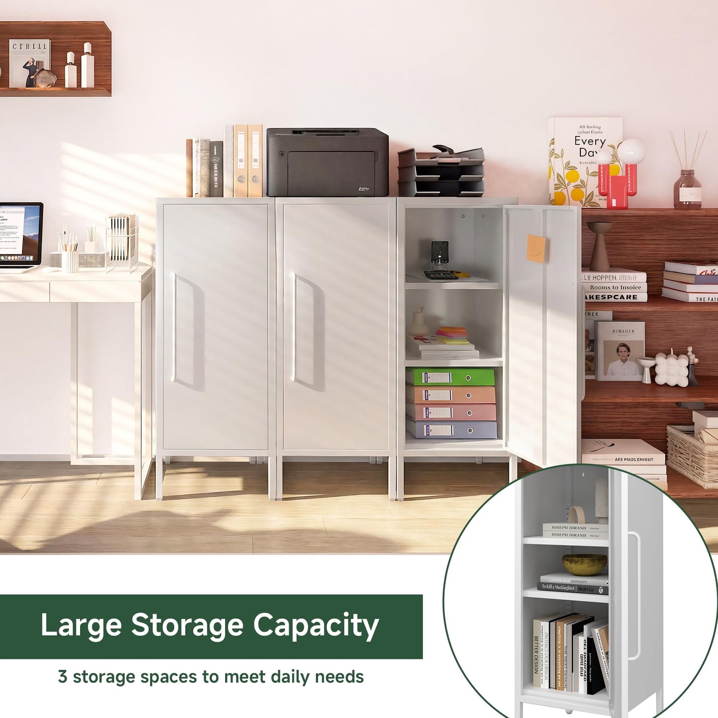PEROKIER Metal Storage Cabinet with 2 Adjustable Shelves Small Storage Cabinets with Door for Office Kitchen Bathroom Living Room Pantry Garage (White)