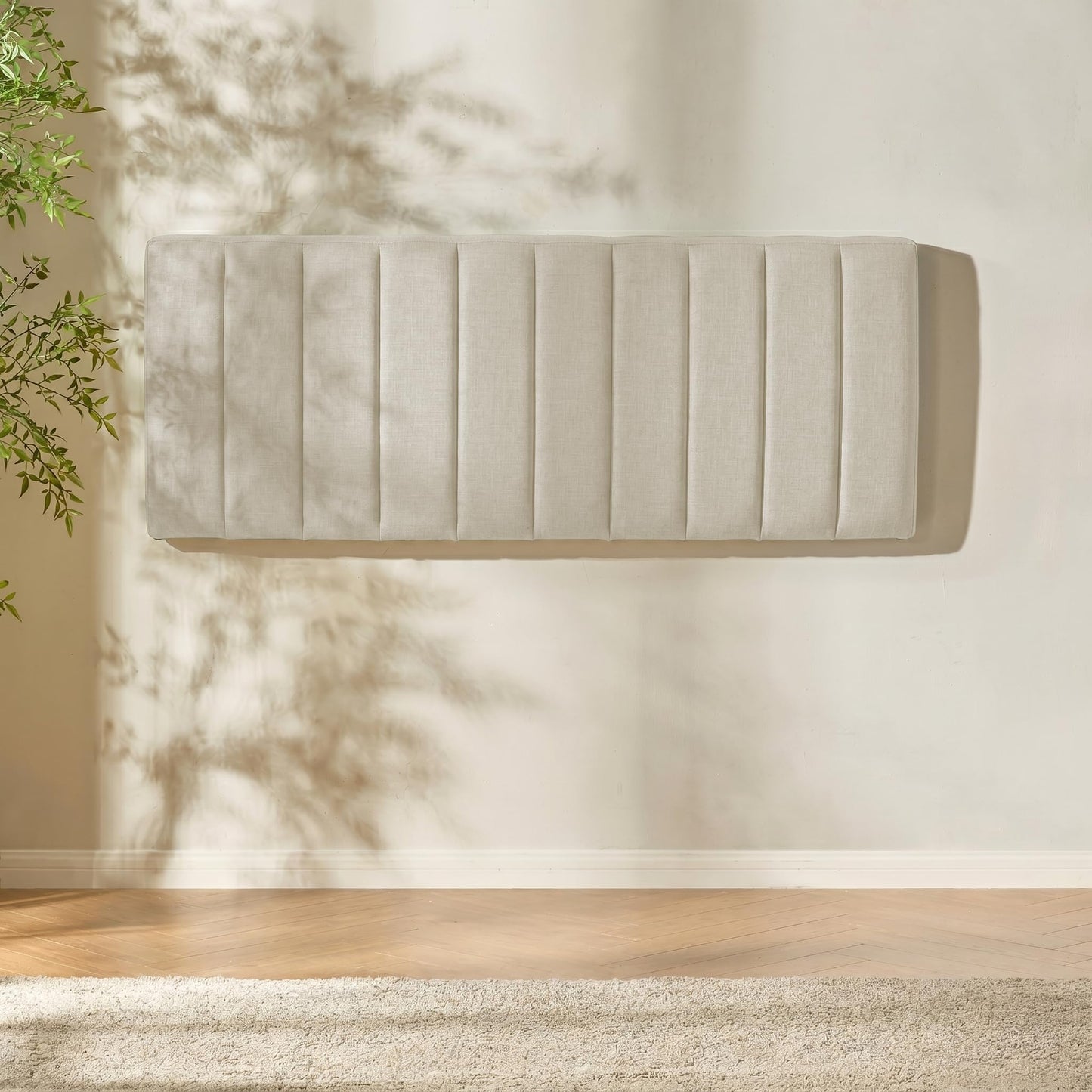 Hearth & Harbor Upholstered Queen Headboard - Easy Assemble Channel Stitched Headboard Queen Size - Wall Mounted Headboards with 3D Soundproof Wall Panels Peel & Stick Floating Headboards, Linen