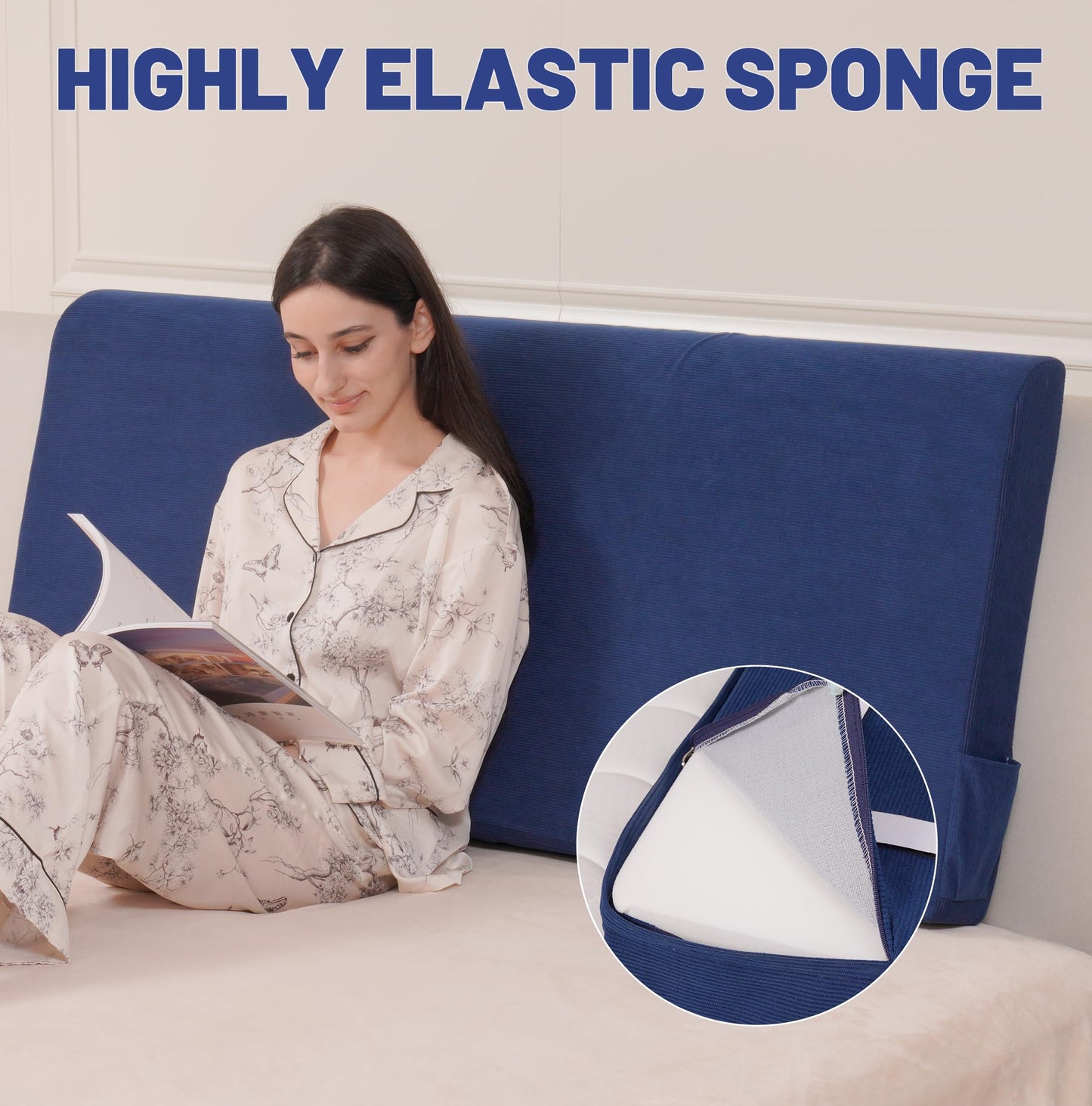 Upholstered Cotton Velvet Full Headboard No Assembly Required Direct Installation, Soft Headboard with Storage Pocket, Removable Washable Cover, 3D Soundproof Bed Wall Panels, 54x4x24, Navy Blue