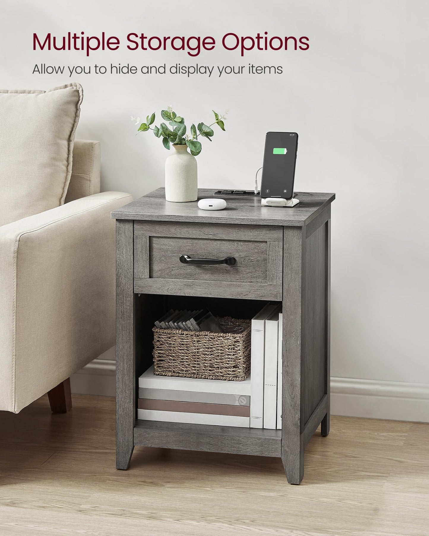 VASAGLE LIRY Collection - Farmhouse Nightstands with Charging Station, Set of 2 Bedside Tables, Side Tables with Drawer, Open Compartment, for Bedroom, Misty Gray ULET859G01