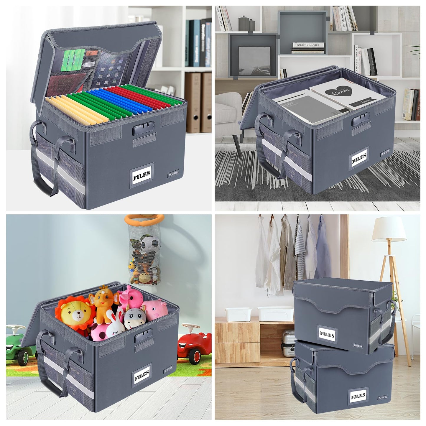 DocSafe Fireproof Document Box with Lock,File Storage Organizer with Zipper Pockets,Collapsible Portable File Box Home Office Safe Filing Cabinet with Handle for Hanging Letter/Legal Folders,Gray