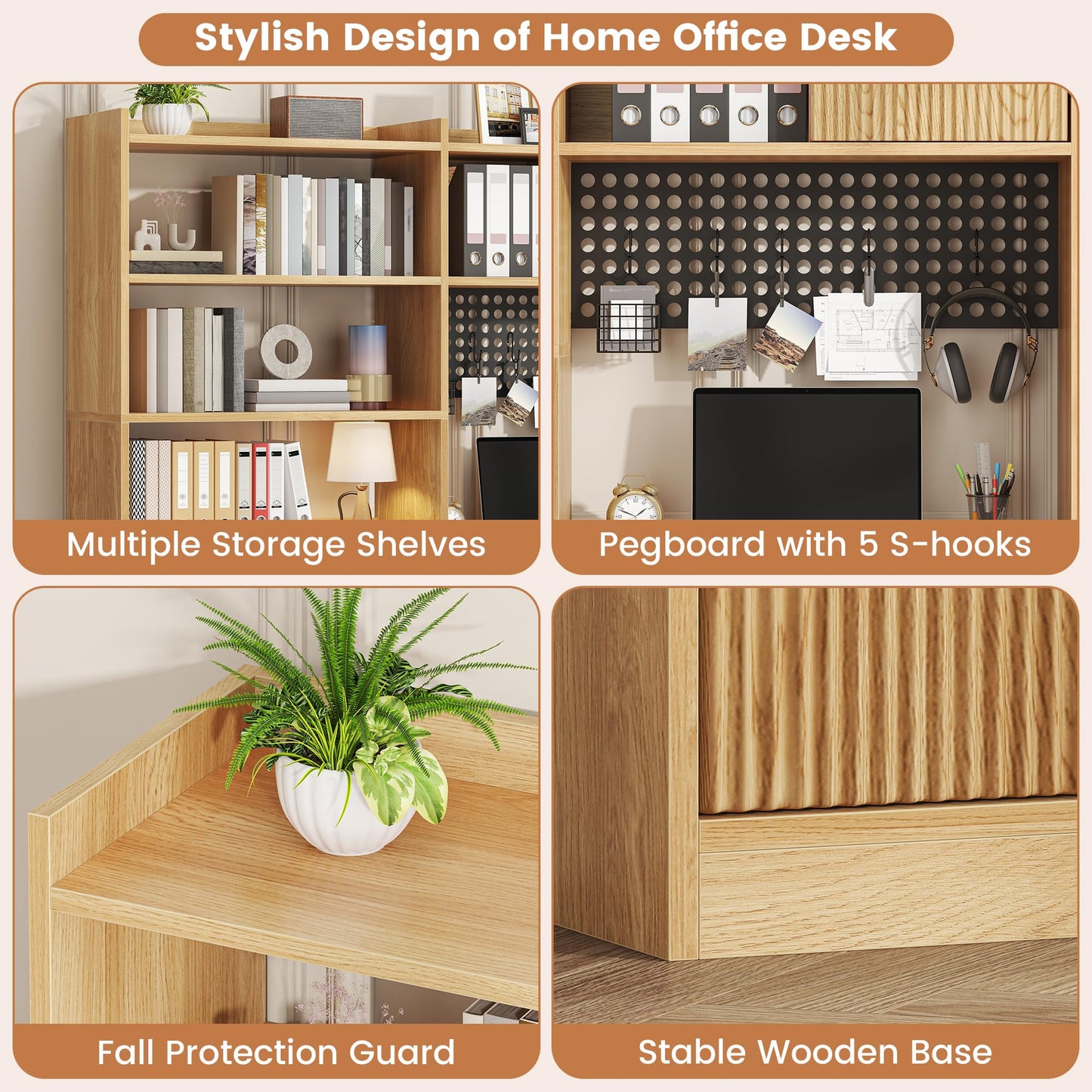 kepptory 63" Tall Computer Desk with Hutch, Fluted Wood Home Office Desk with Charging Station, Drawer & Storage Cabinet, Oak Workstation for Work & Study