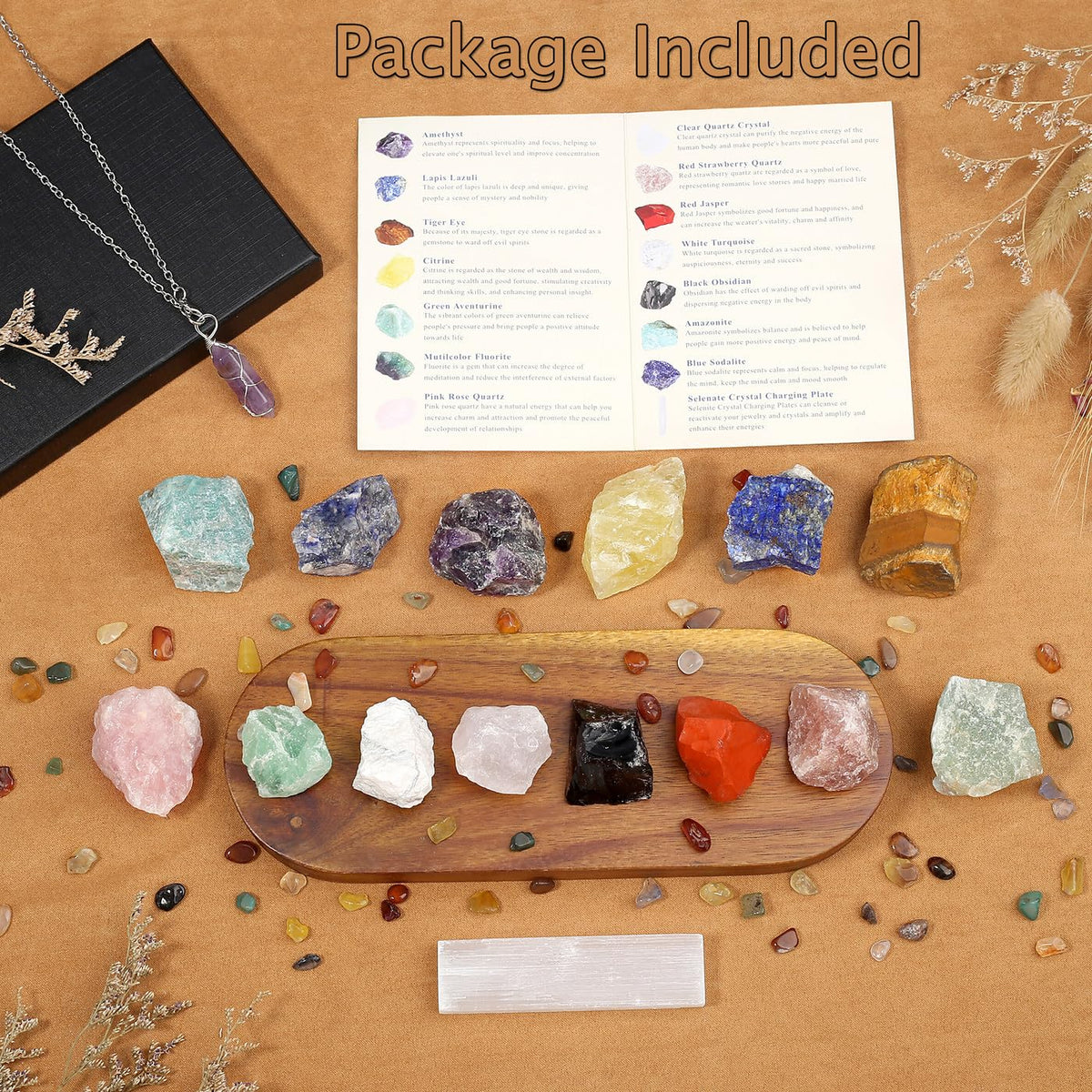 MAIBAOTA 17 Pcs Crystals and Healing Stones 14 Pcs Raw Healing Crystals and Chakra Stones Set Amethyst Rose Quartz Selenite Gemstones Necklace for Meditation Guide for Beginners (with Gift Box)