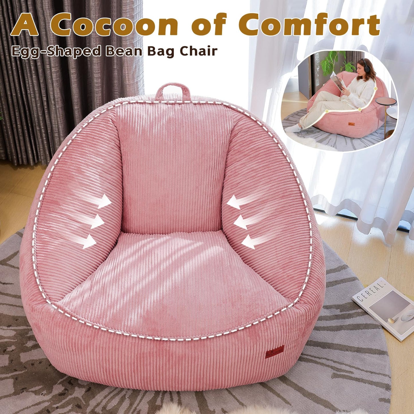 UODERS Bean Bag Chair, Cozy Fluffy Beanbag Chairs with Filler for Teens and Kids, Floor Lazy Sofa for Living Room Gaming & Reading (S-Rose)