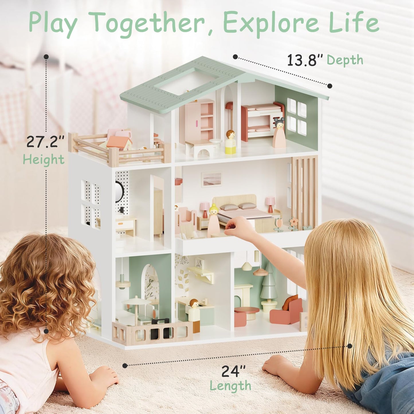 Fabuday Modern Wooden Dollhouse for Kids Girls - 8 Rooms Doll House Playset, DIY Pretend Toy Play Houses Kits with 81 Pcs Furniture Accessories, Dolls & Pets, Gift for Toddlers Ages 3+
