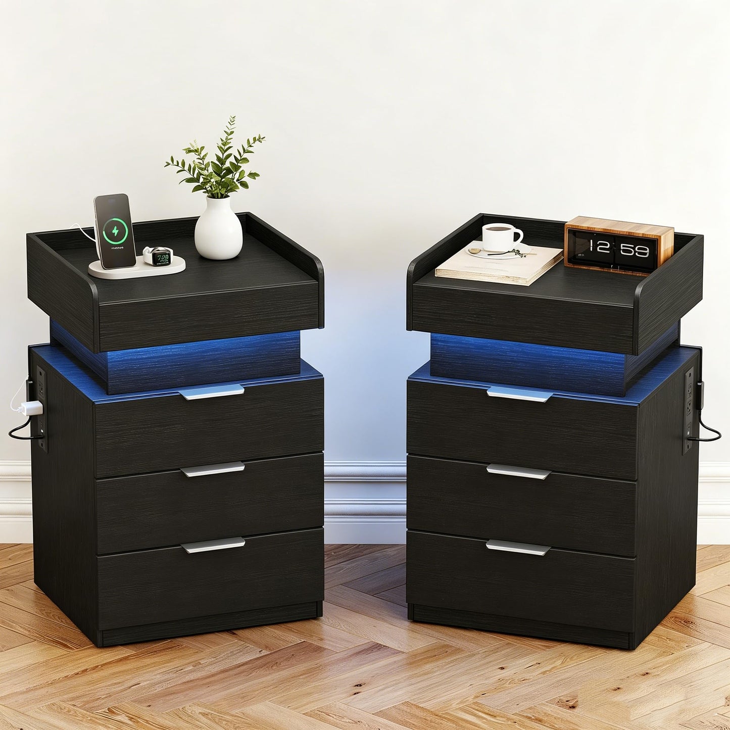 Turosur Night Stand Set 2 with Gun Drawer, LED Nightstand with Charging Station and Hidden Storage, Black Bedside Table with 3 Drawers, Wood Nightstands for Bedroom, Modern