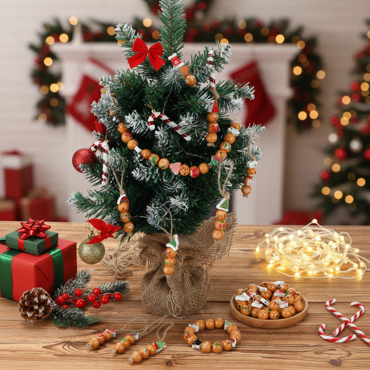 Geelin 300 Pcs Christmas Wood Beads with Twine - Santa Gingerbread Snowman Winter Animals Wooden Round Bead for Hanging Ornaments DIY Crafts Garland Holiday Tree Decor(Gingerbread Man)