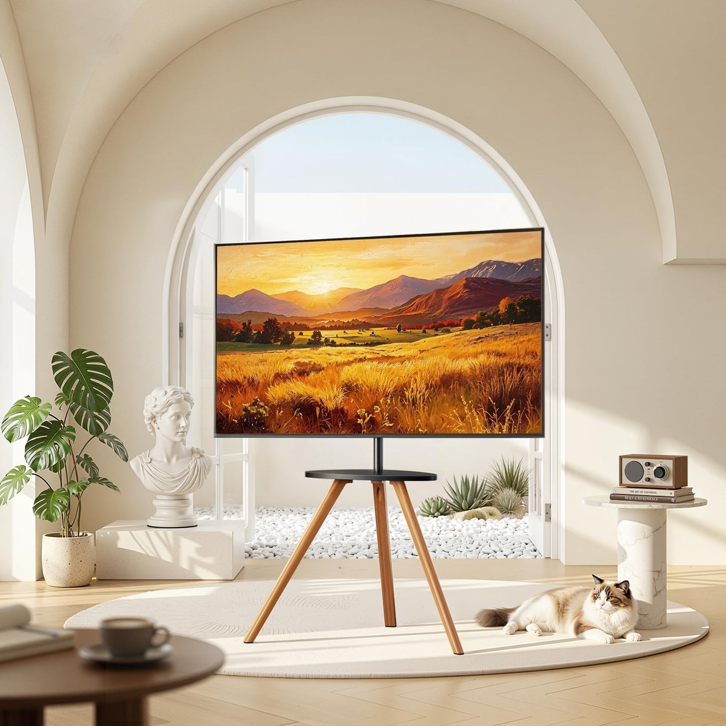 Pegzone Wood Easel Tv Stand with Artistic Droplet-Shaped Shelf for 45 to 65 Inch Tvs, Swivel Height Adjustable Portable Tripod Tv Stand-Vesa Required Max 600 * 400 mm, up to 88 lbs, Black Walnut