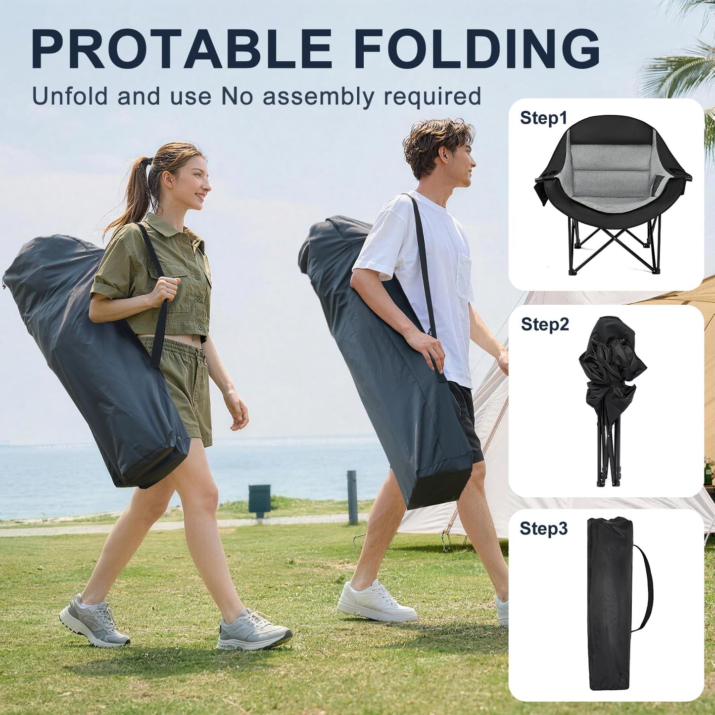 Oversized Camping Chairs for Adult - Heavy Duty Padded Portable Folding Chair XL Collapsible Camp Chair with Cup Holder Side Pocket for Outdoor Lawn Beach Sport Fishing Support 500LBS, Grey 2 Pack