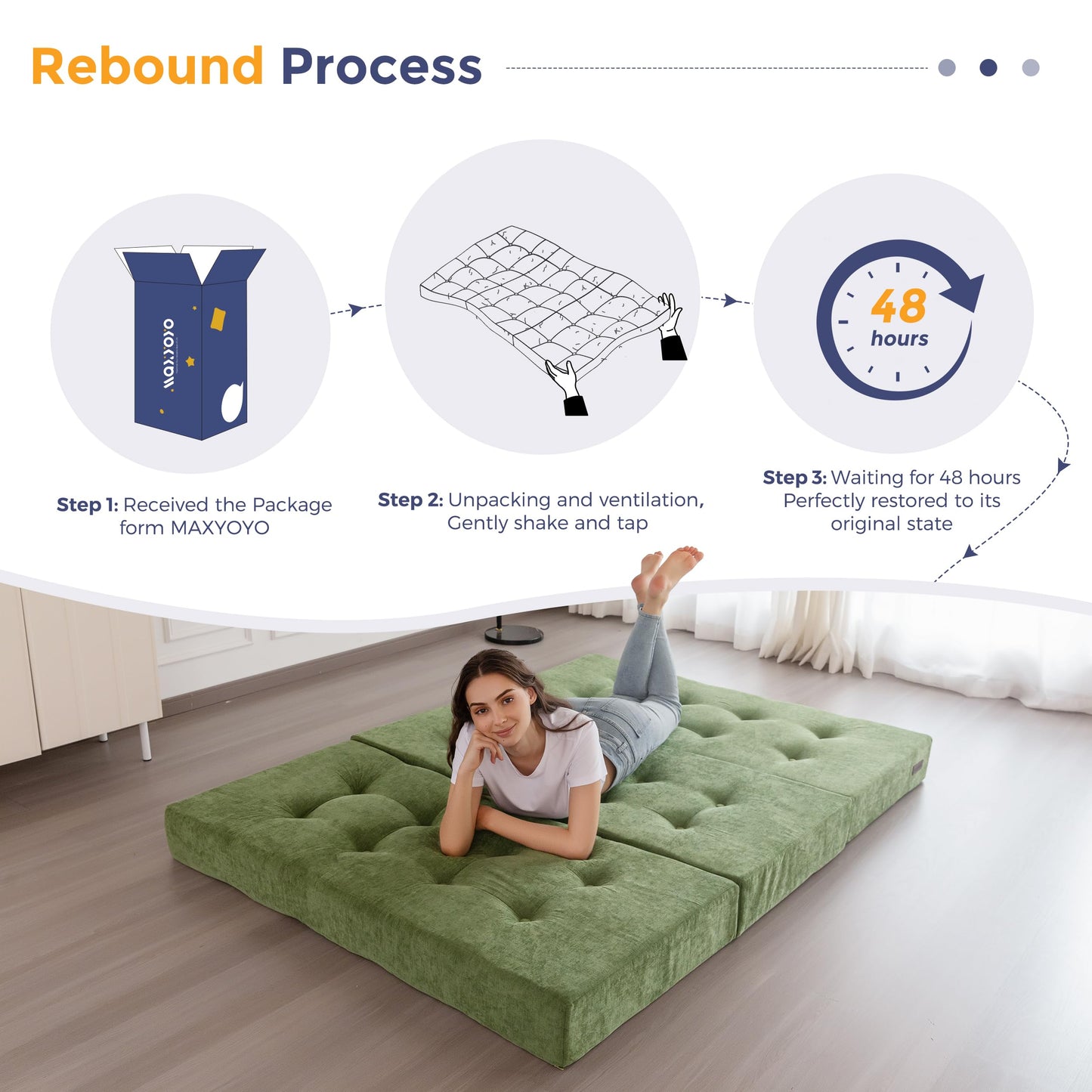 MAXYOYO 6" Folding Sofa Bed for Floor, Tufted Tri-Fold Floor Mattress with Chenille Fabric, Queen Size Portable Sofa Couch Guest Mat for Adults, Foldable Topper for Camping, Green, 59"x78.7"