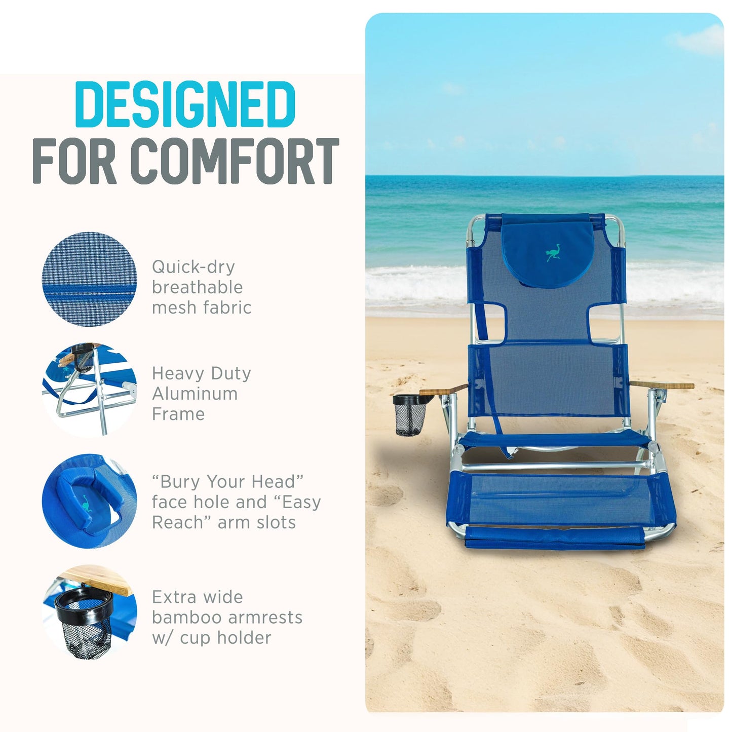 Ostrich the Original 3N1 Lightweight Beach Reclining Lounge Chair with Footrest, Outdoor Furniture for Patio, Balcony, Backyard, or Porch, Blue