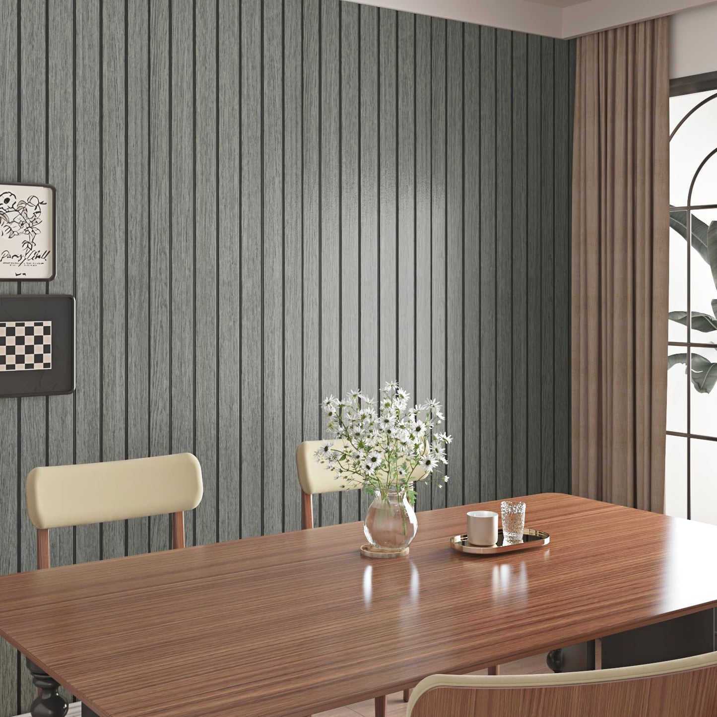 Skyblur Grey/Black Wood Slat Wall Panels for Interior Wall Decor PVC 3D Peel and Stick Wood Panels Textured Self Adhesive Removable Wooden Wallpaper for Bedroom Entrance Stick on Walls 11.8 x 118 in