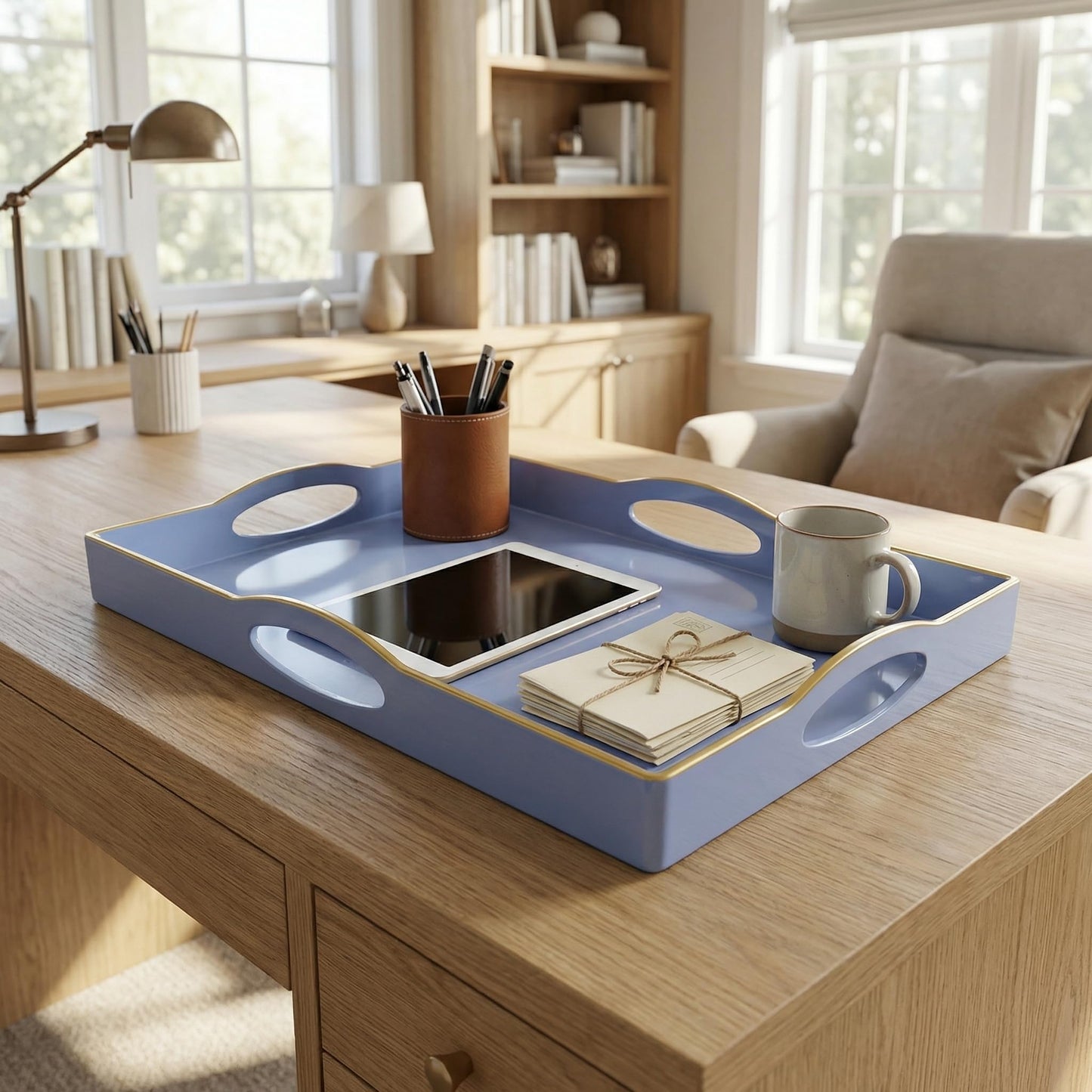 Umisriro Blue Serving Tray with 4 Handles, Plastic Decorative Tray for Coffee Table, Ottoman - Ideal for Living Room & Bathroom. 15” x 11” x 1.9”