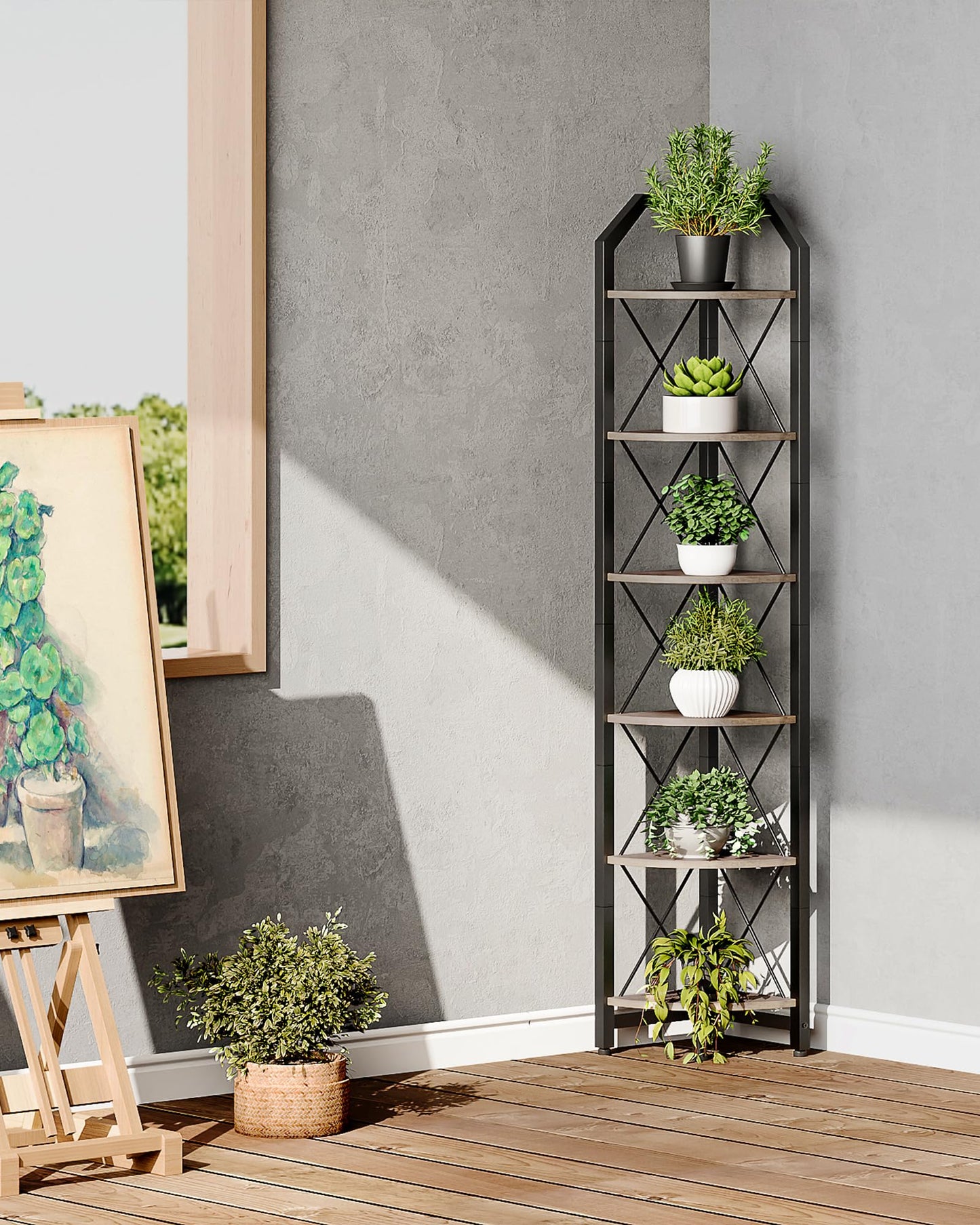 CHOEZON 6-Tier Corner Shelf, Industrial Corner Bookshelf, 71.2" Corner Storage Stand, Plant Stand Display Shelf, Corner Bookcase for Bedroom, Living Room, Home Office, Greige and Black TCJ11BG